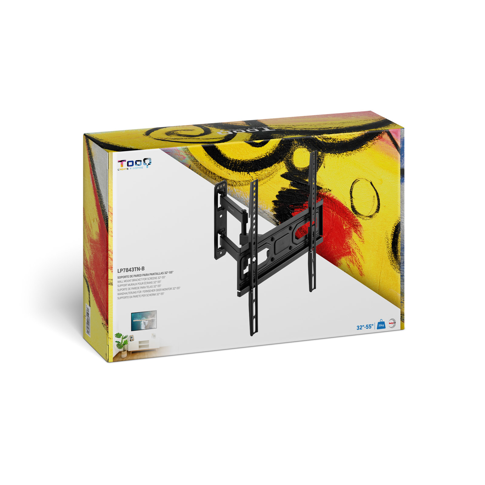 Un soporte de pared para TV negro está en el centro. La caja tiene arte abstracto amarillo, rojo y negro. La caja tiene texto.
