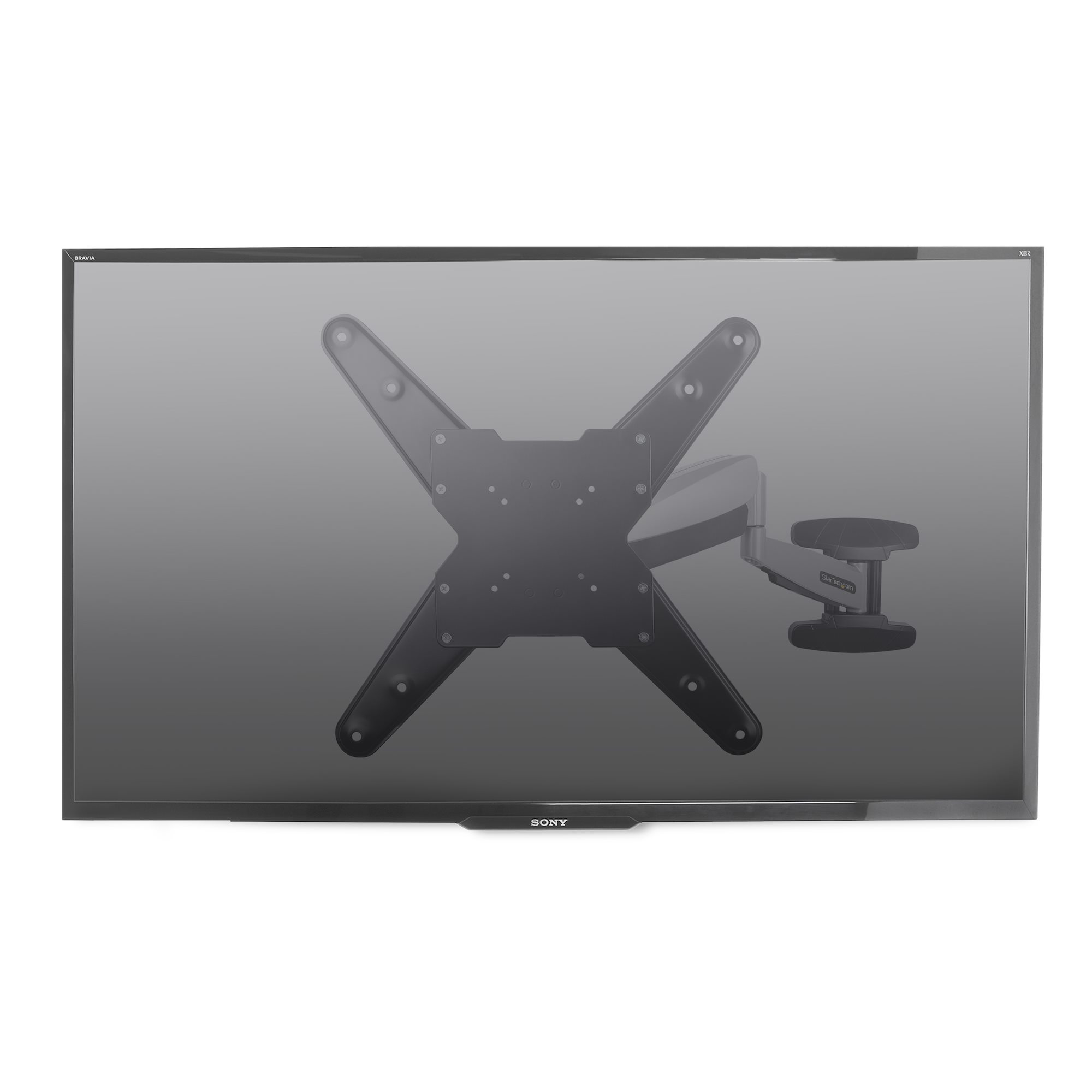 Une télévision Sony Bravia noire avec un support mural noir et gris. La télévision est centrée, ainsi que le support.