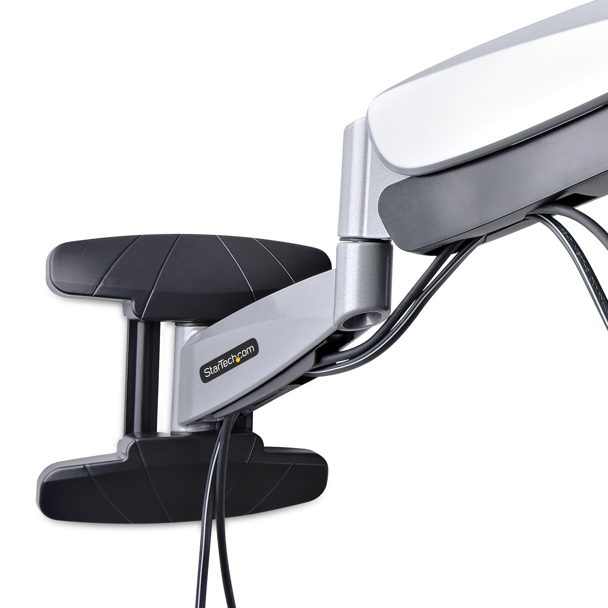 Un bras de moniteur argenté et noir. Le bras porte un logo StarTech.com. Des câbles noirs pendent.