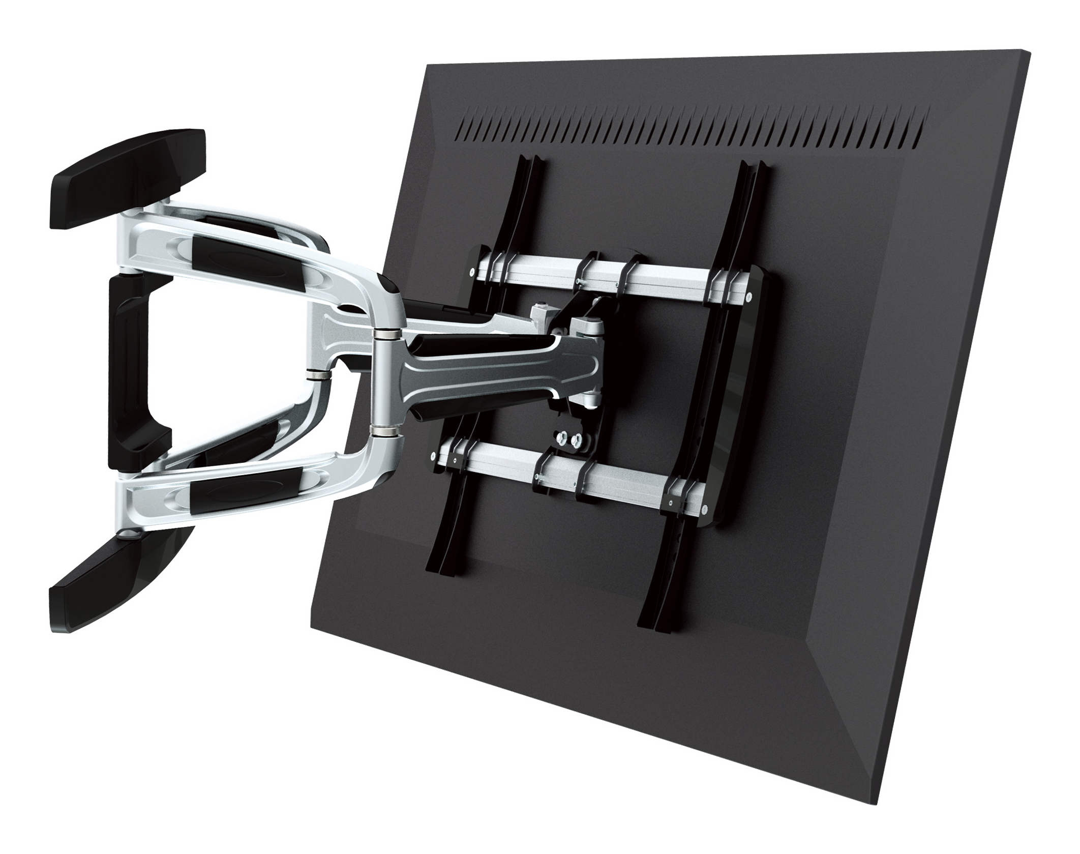 Eine schwarze TV-Halterung an einem schwarzen Fernseher. Die Halterung ist silber und schwarz, mit Gelenkarmen. Der Hintergrund ist weiß.