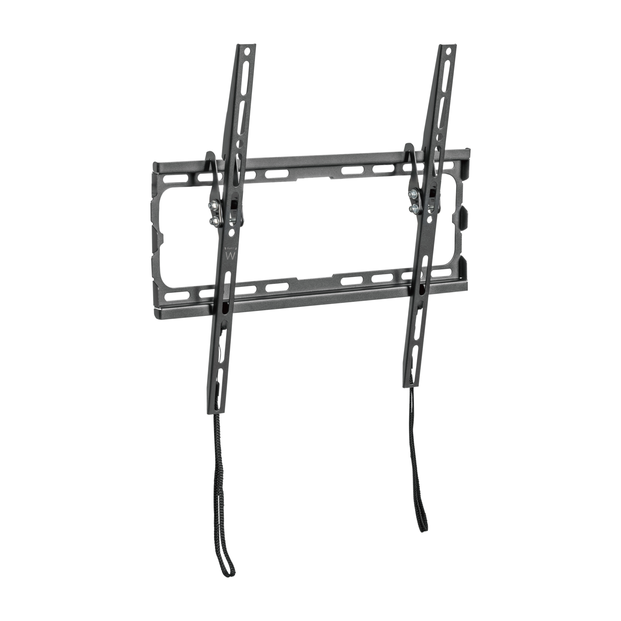 Eine schwarze TV-Wandhalterung aus Metall. Sie hat zwei vertikale und eine horizontale Halterung. Schwarze Kordeln hängen herunter.