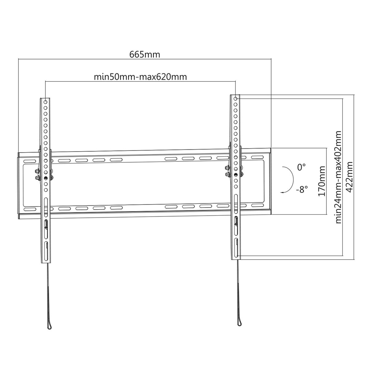 Diagramm einer TV-Halterung mit Maßen. Zeigt Abmessungen, einschließlich 665 mm, und Winkel. Es hat mehrere Löcher.