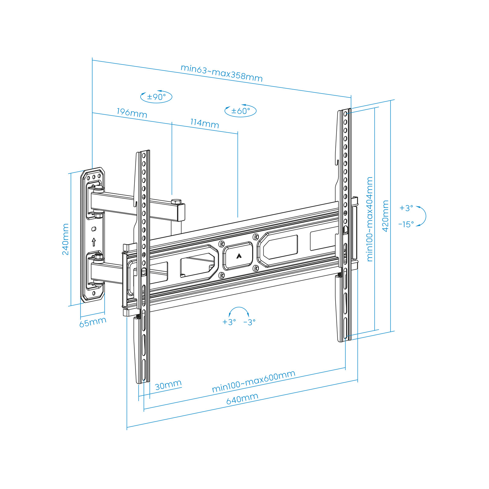 Dibujo técnico de un soporte de pared para TV, con medidas y ángulos indicados en líneas y texto azules.