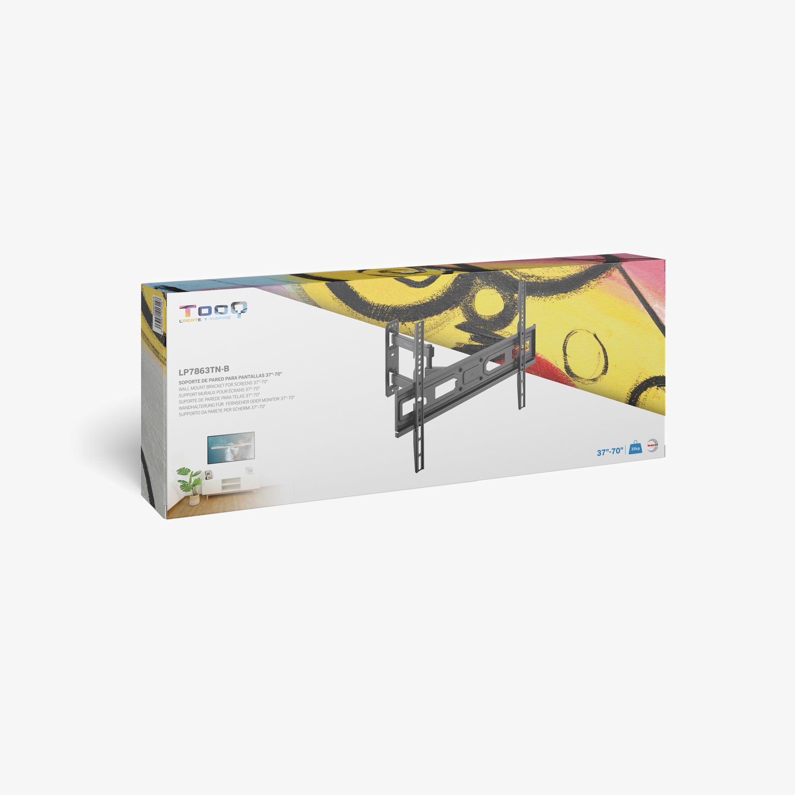 Una caja con un soporte de pared para TV. La caja tiene texto y una imagen del producto. Arte de graffiti en la parte superior de la caja.