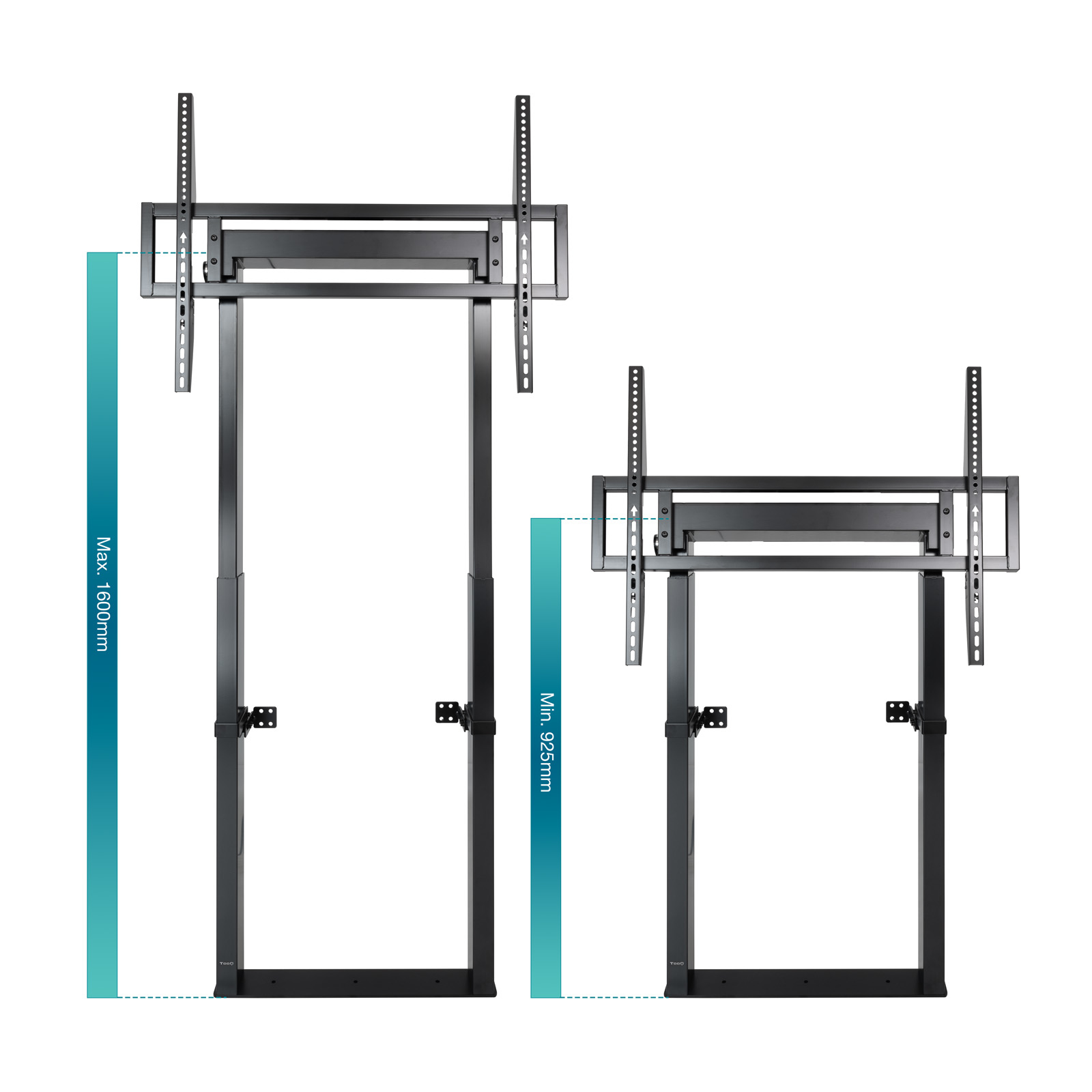 Dos soportes de TV negros, uno extendido y otro retraído, que muestran el rango de altura de 925 mm a 1600 mm. Fondo blanco.
