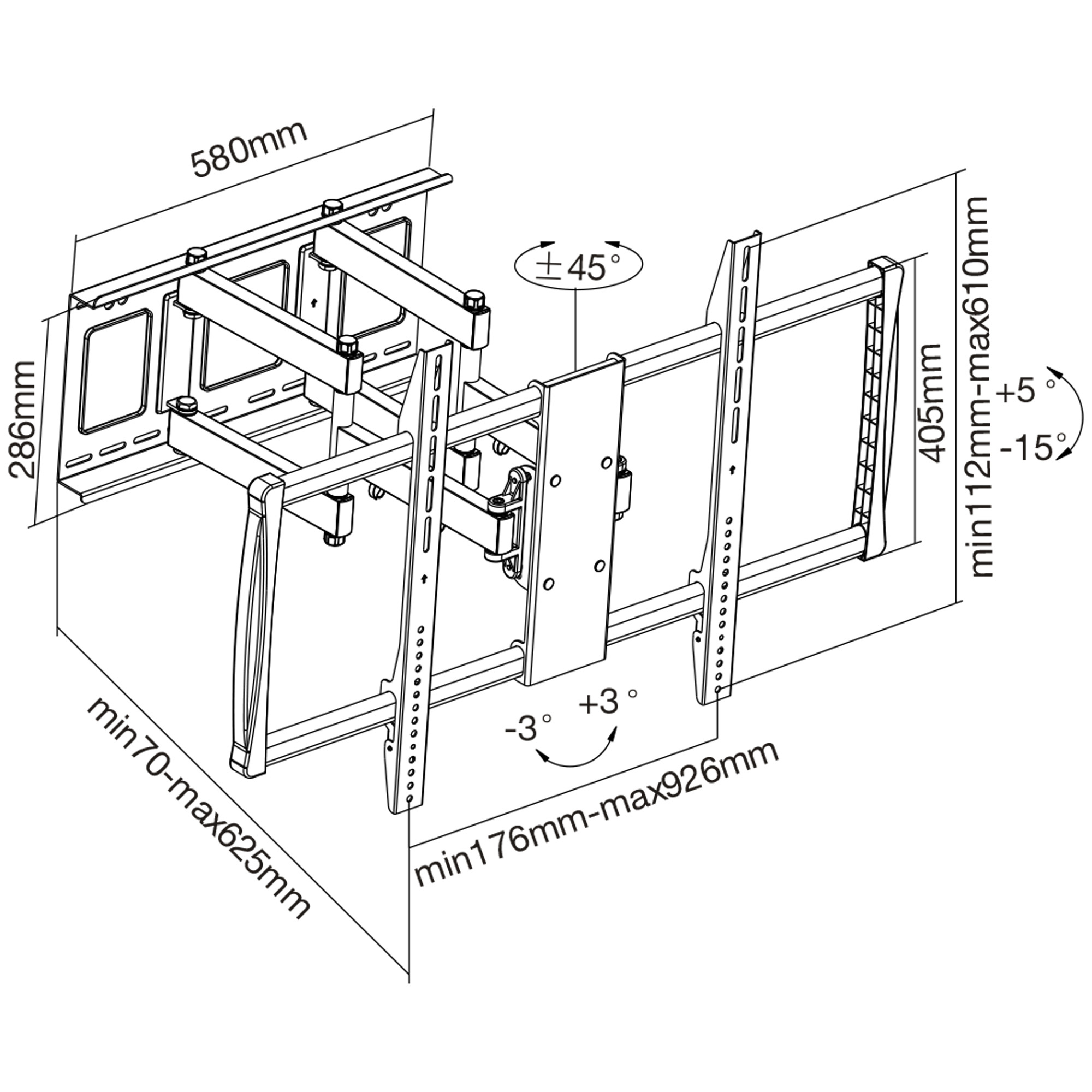 Un diagramma di un supporto a parete per TV con dimensioni. Mostra varie misure e angoli per l'installazione.
