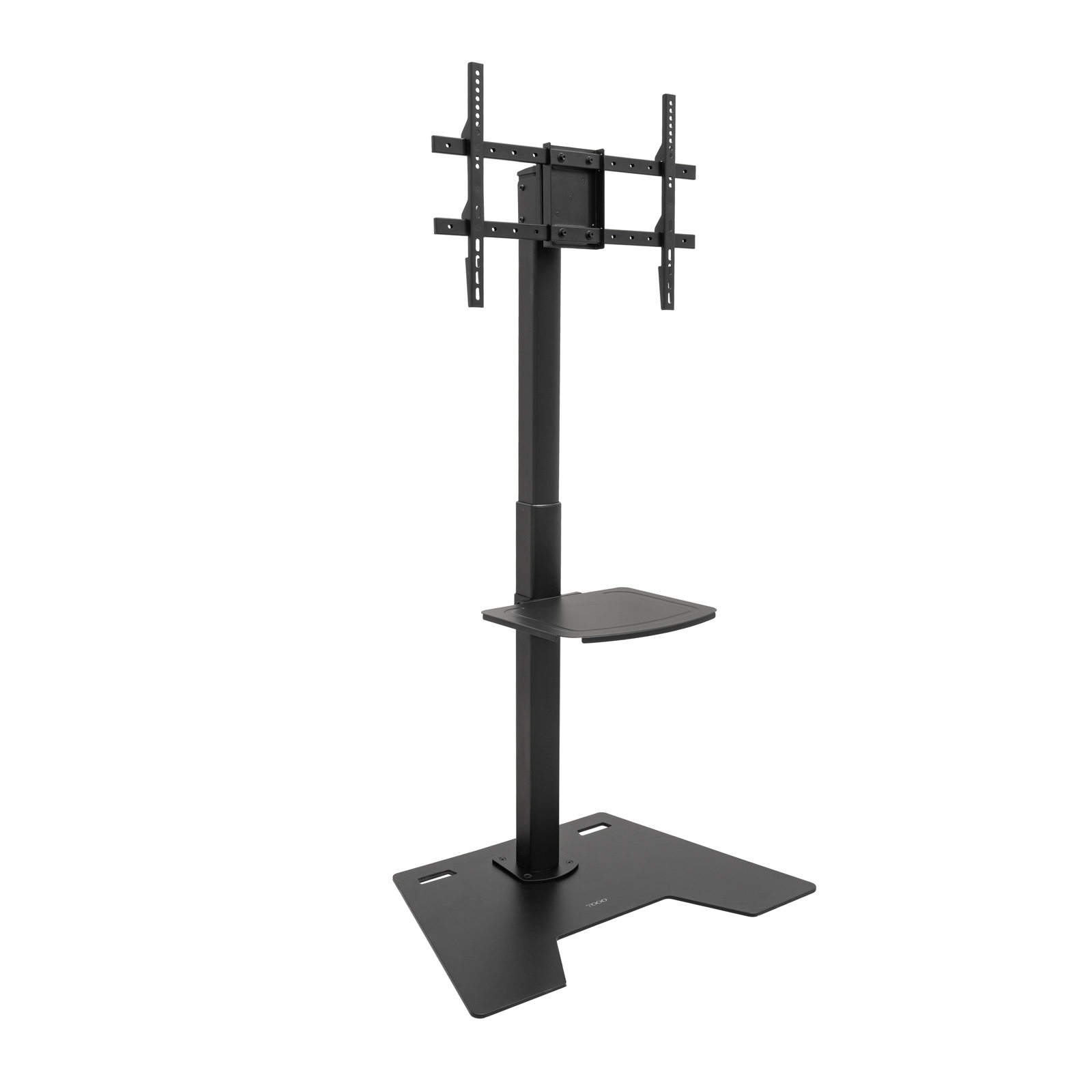 Un supporto TV nero con base rettangolare, palo verticale, ripiano e staffa per il montaggio del televisore.