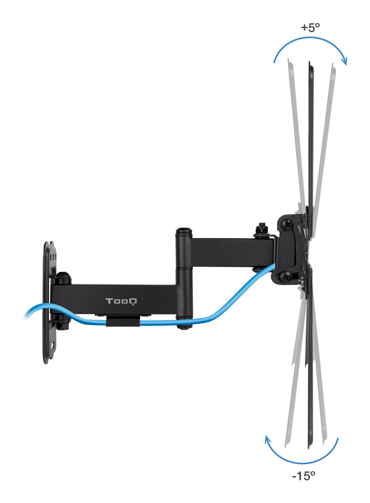 Soporte de pared para TV negro con cable azul, ajustable. Muestra inclinación de +5 y -15 grados. Marca 'TooQ' visible.