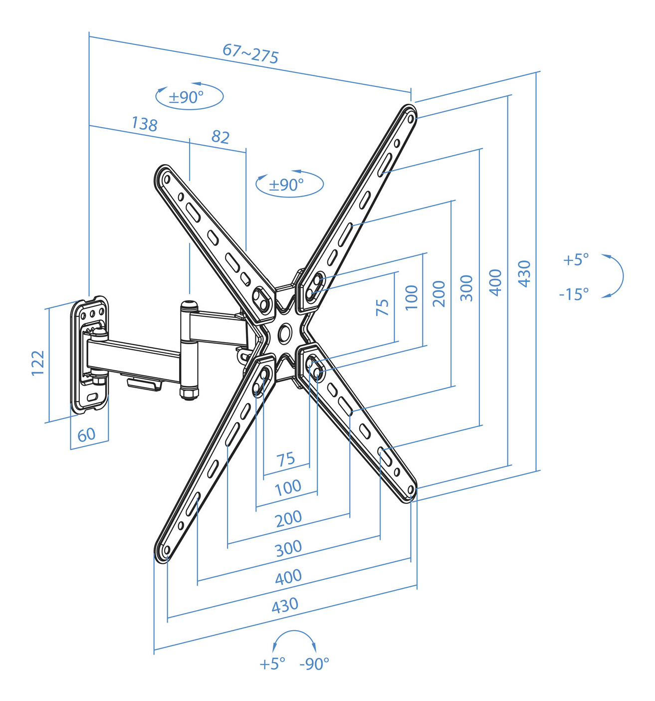 Diagrama de un soporte de pared para TV con dimensiones. Las medidas son en milímetros, con ángulos indicados. El soporte es negro.