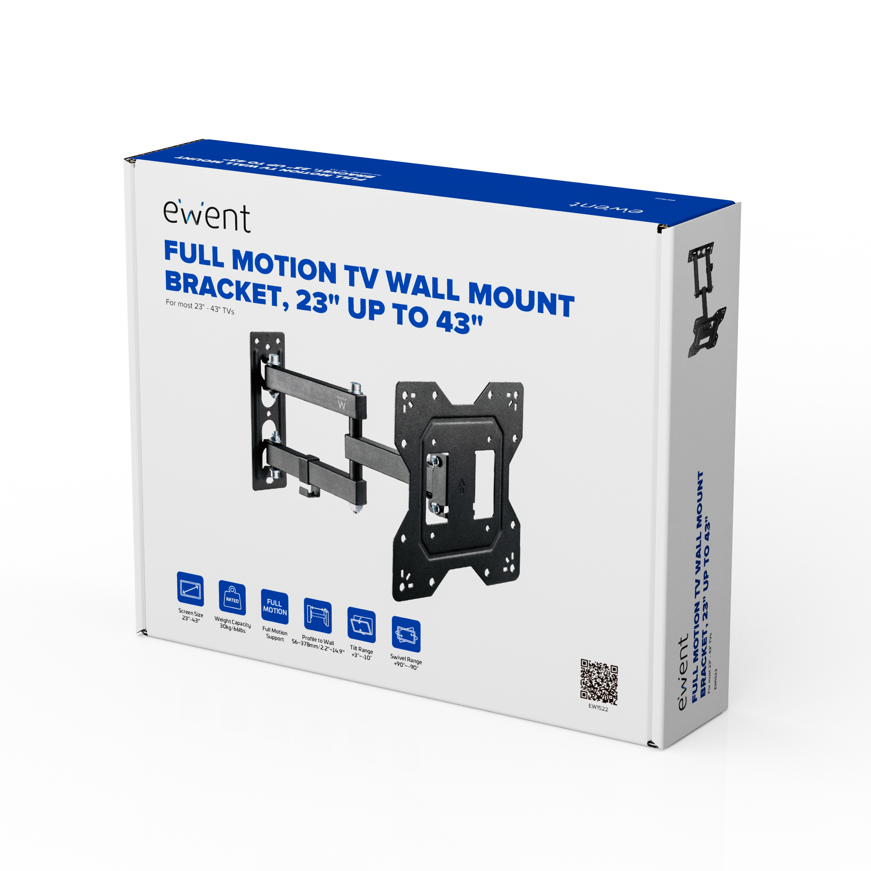 Caja con el logotipo 'ewent' e información del producto. Se muestra un soporte de pared para TV. Texto: FULL MOTION TV WALL MOUNT.
