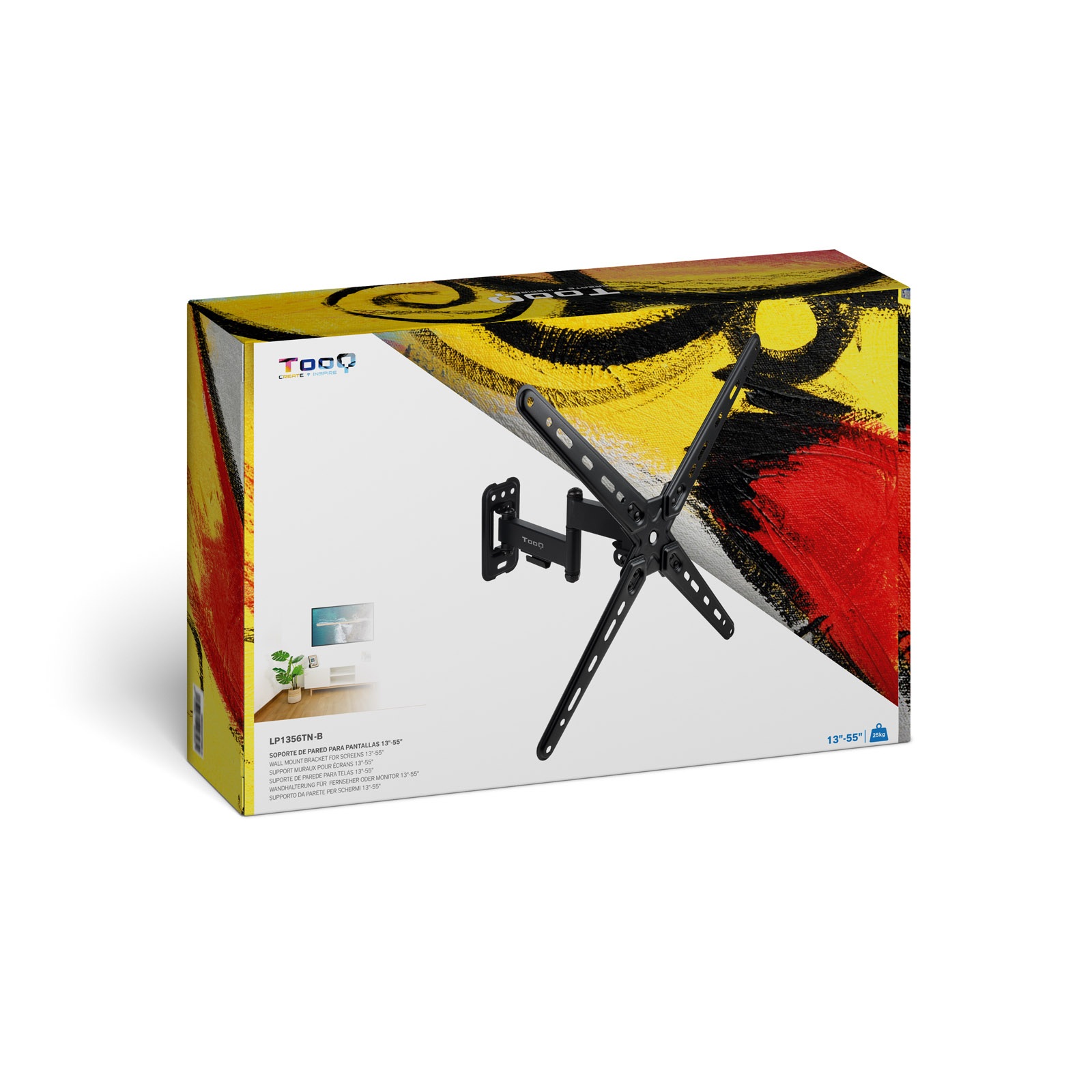 Una caja con un soporte de pared para TV. La caja tiene un fondo colorido. El soporte es negro.