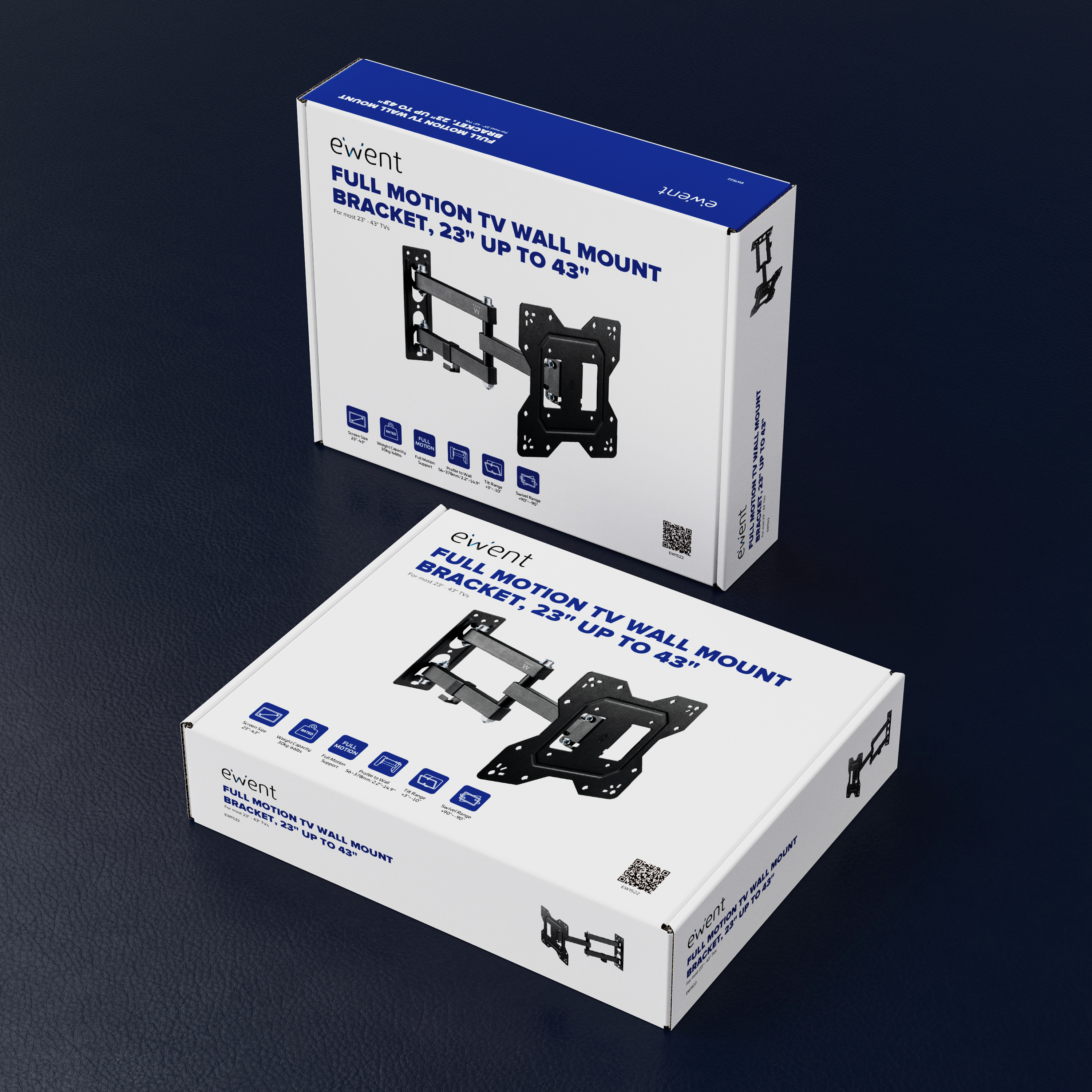 Dos cajas blancas con detalles azules. Texto: 'Full Motion TV Wall Mount Bracket'. Se muestra un soporte de TV.