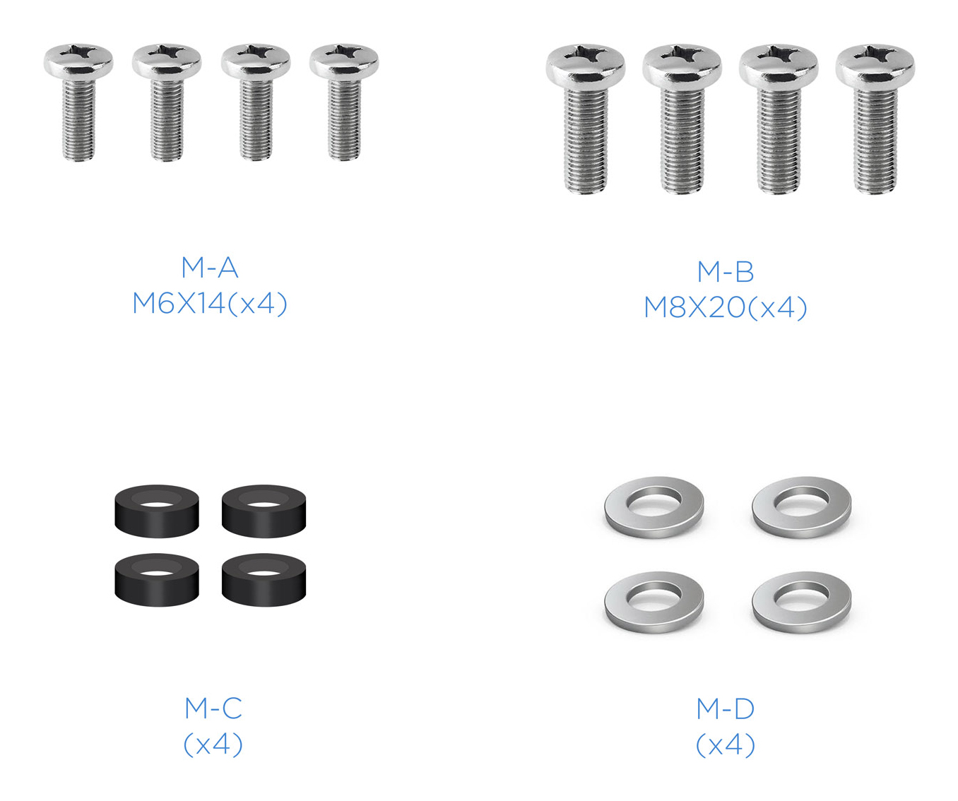 La imagen muestra tornillos, arandelas y anillos de goma. Etiquetados M-A, M-B, M-C y M-D. Cada grupo tiene cuatro piezas.