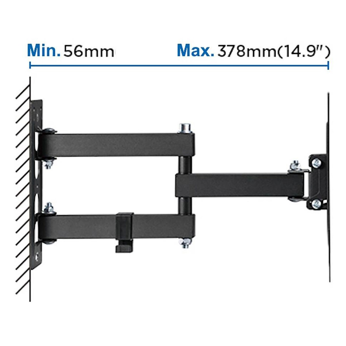 Soporte de pared para TV negro, ajustable. Tiene medidas: Mín. 56 mm y Máx. 378 mm (14,9"). El soporte está sobre fondo blanco.