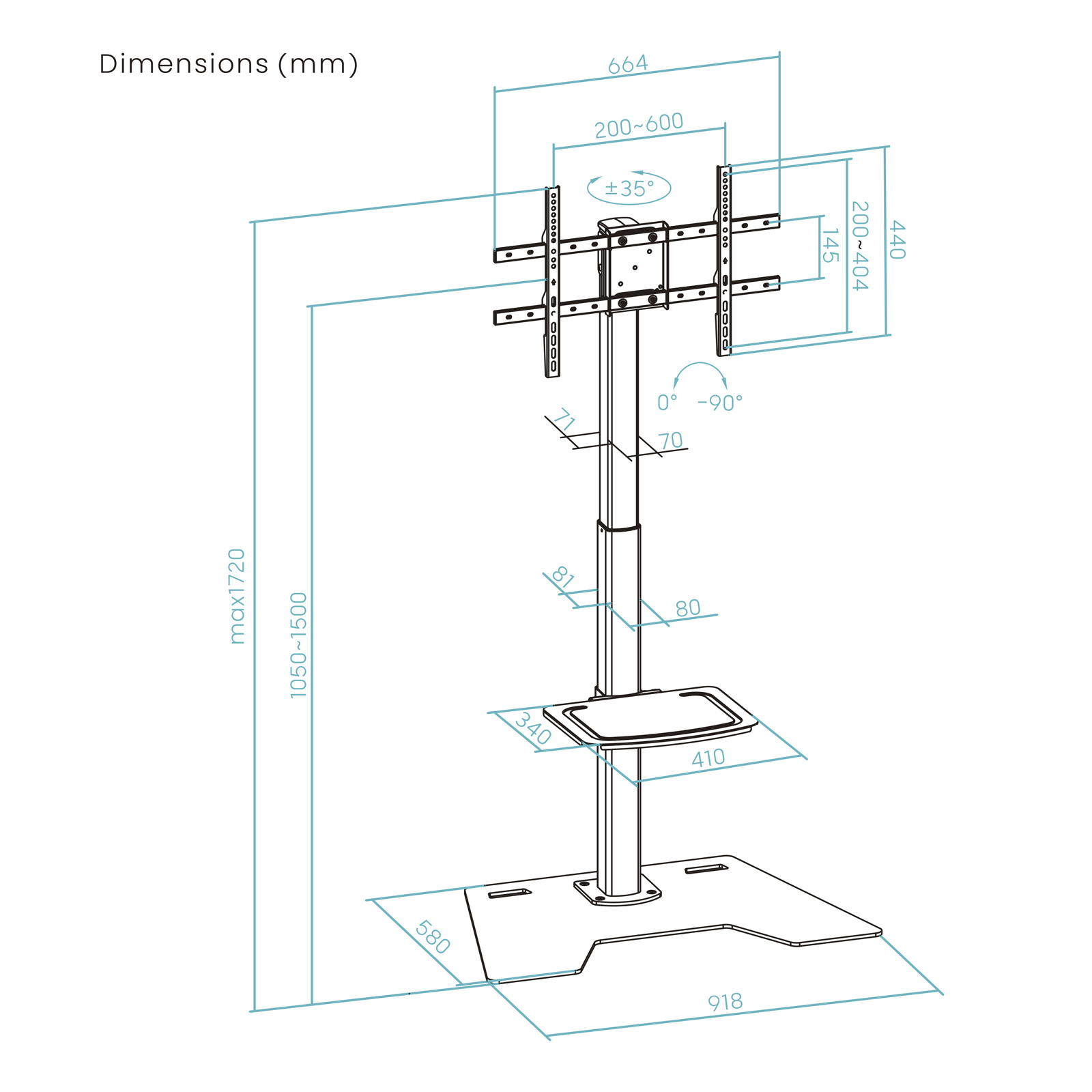 Diagramma di un supporto TV con dimensioni in mm, inclusi altezza, larghezza e angoli di inclinazione.