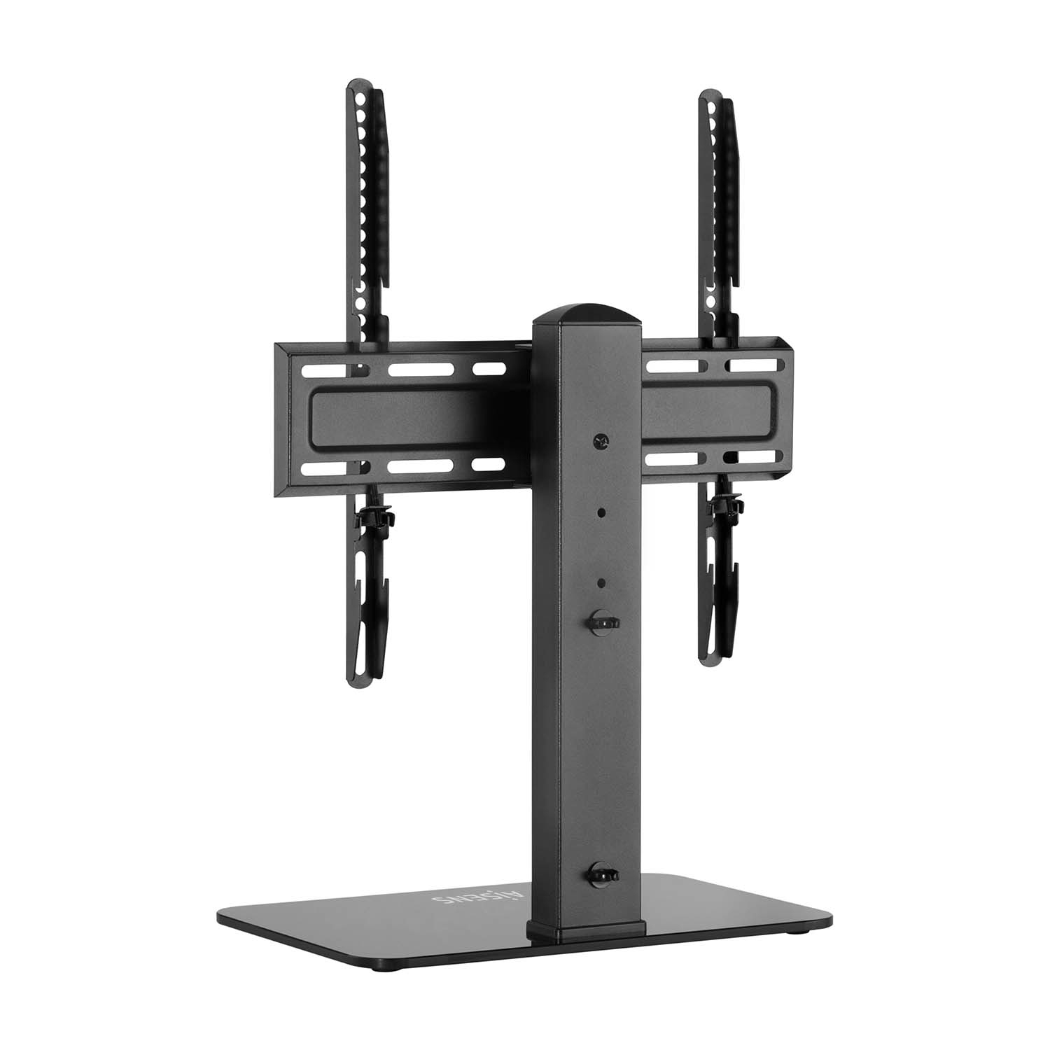 Un soporte de TV negro aislado sobre blanco. Tiene una base, un soporte vertical y un soporte de montaje para el televisor.