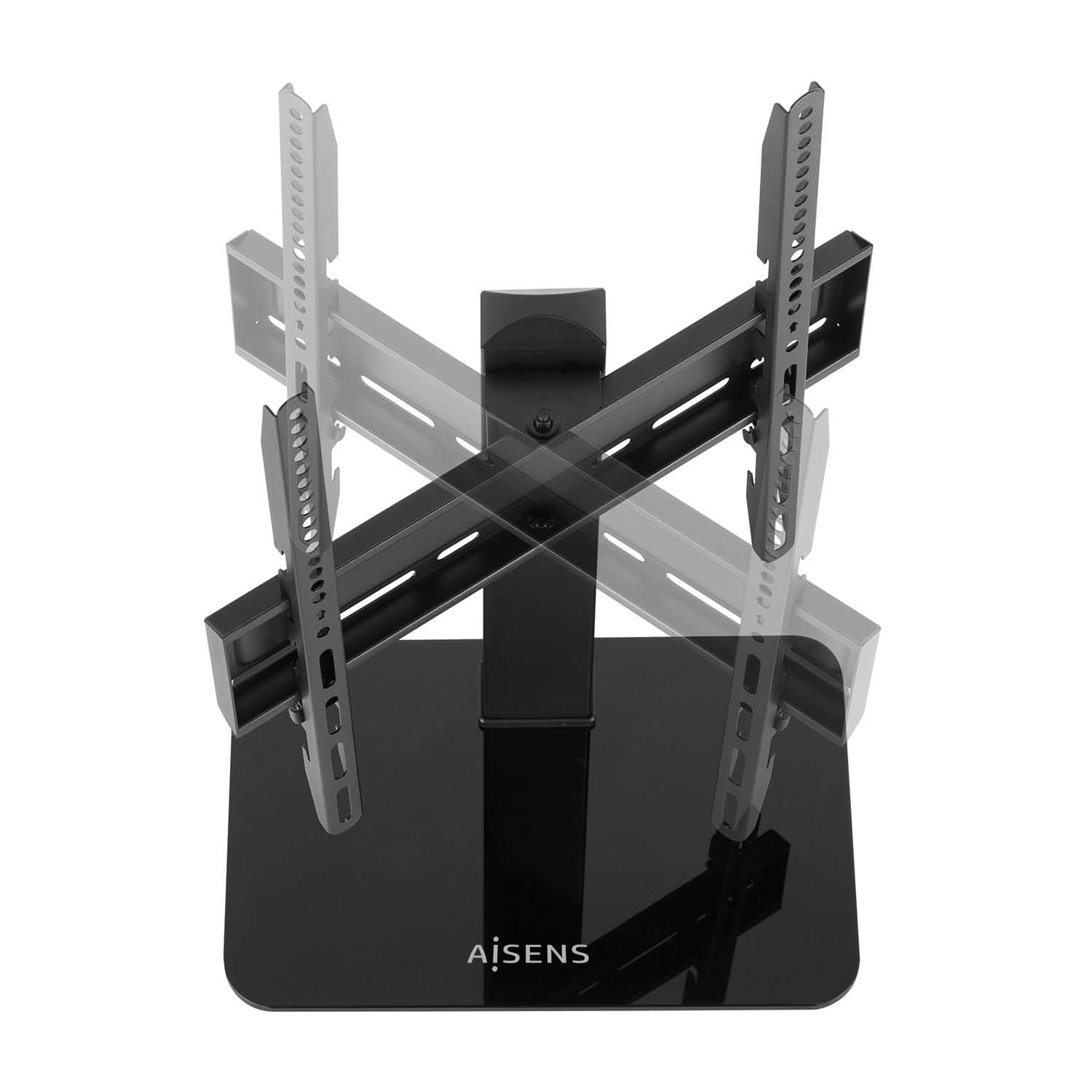 Un soporte de TV negro con brazos ajustables. La base es rectangular y el soporte tiene la marca 'AiSens'.