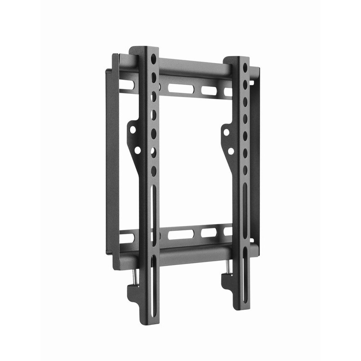 A black metal wall mount for a TV. It has multiple holes and slots for mounting. Isolated on a white background.