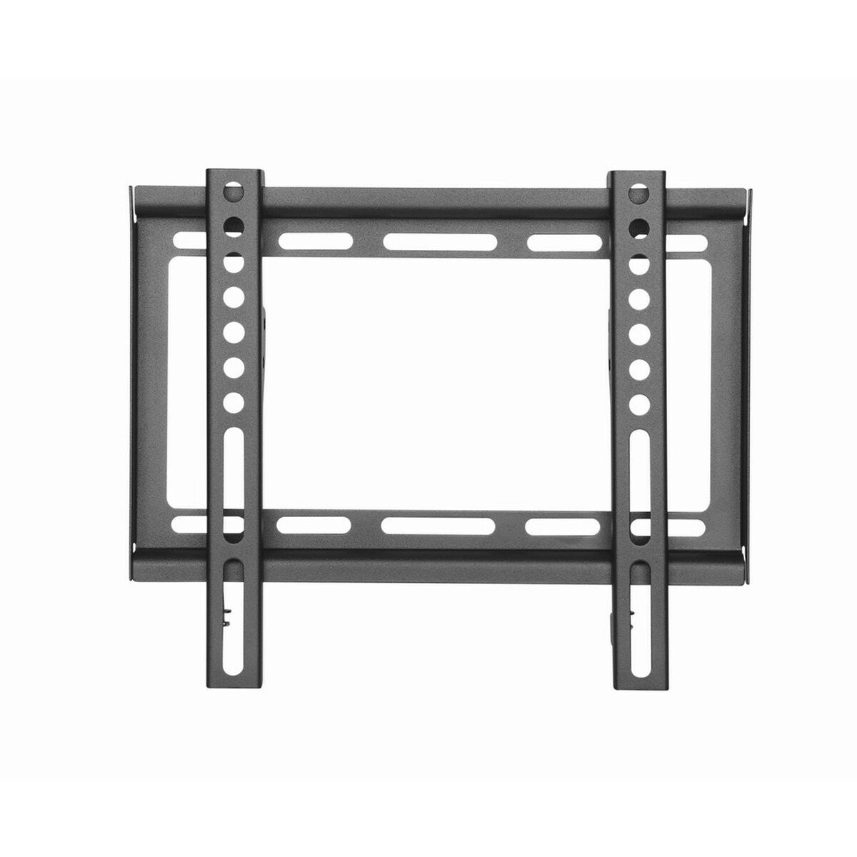 A black TV wall mount on a white background. It has two vertical supports with holes and horizontal bars for mounting.