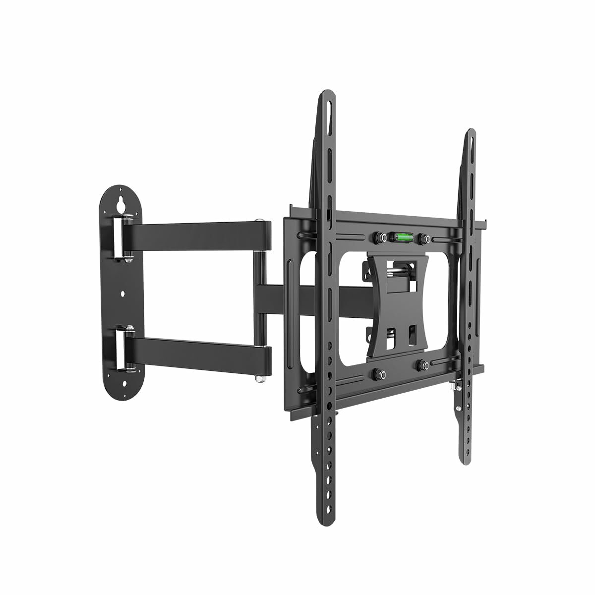 Supporto a parete per TV nero. Ha un braccio per estendere la TV. C'è un livello in mezzo. Lo sfondo è bianco.
