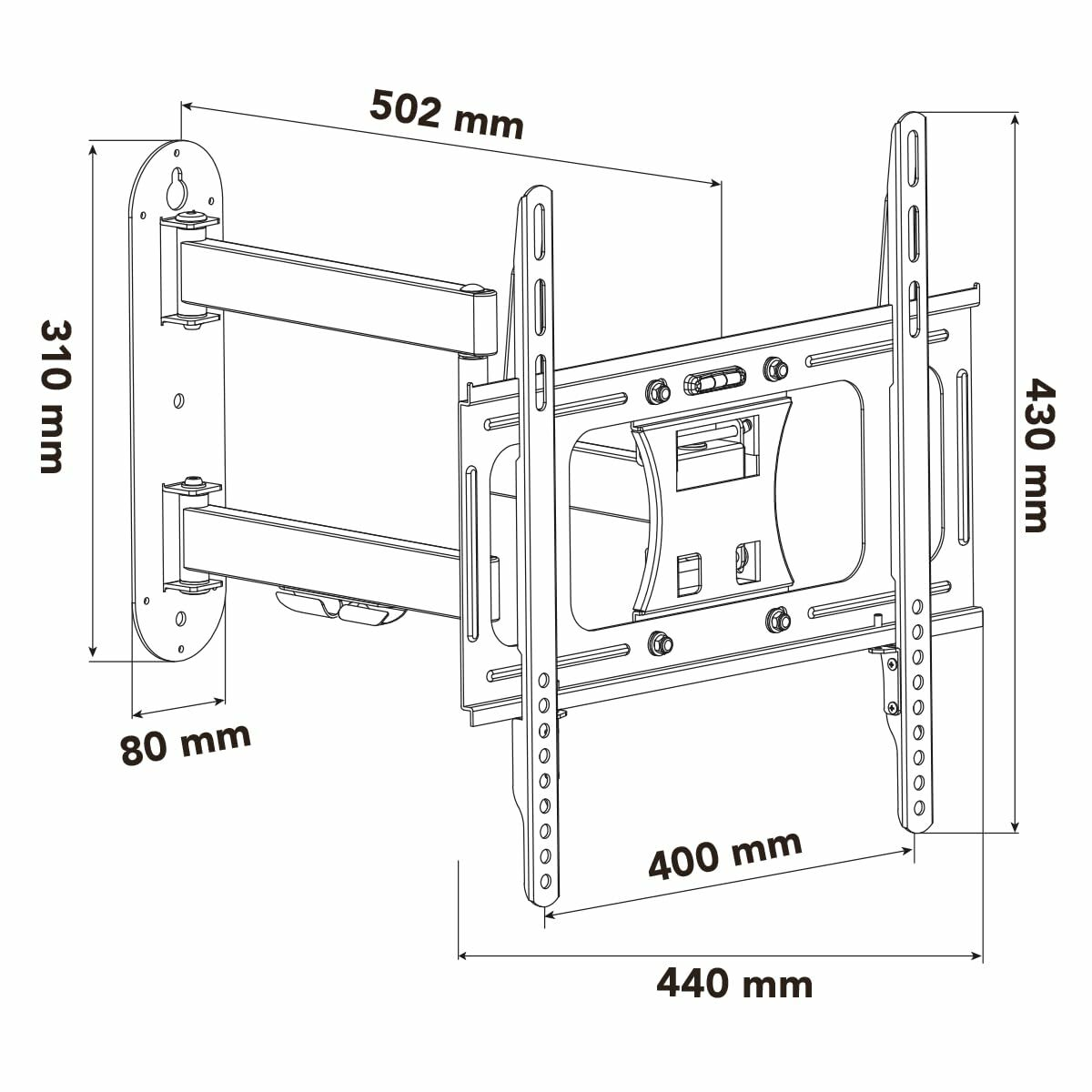 Disegno lineare di un supporto a parete per TV con dimensioni. Bianco e nero, con misure in millimetri.