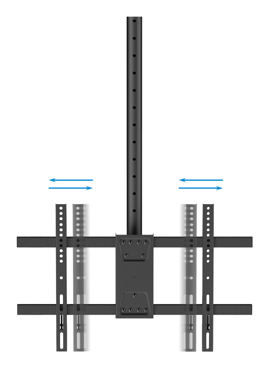 Soporte de techo para TV negro. Tiene un poste vertical, barras horizontales y soportes ajustables con flechas.
