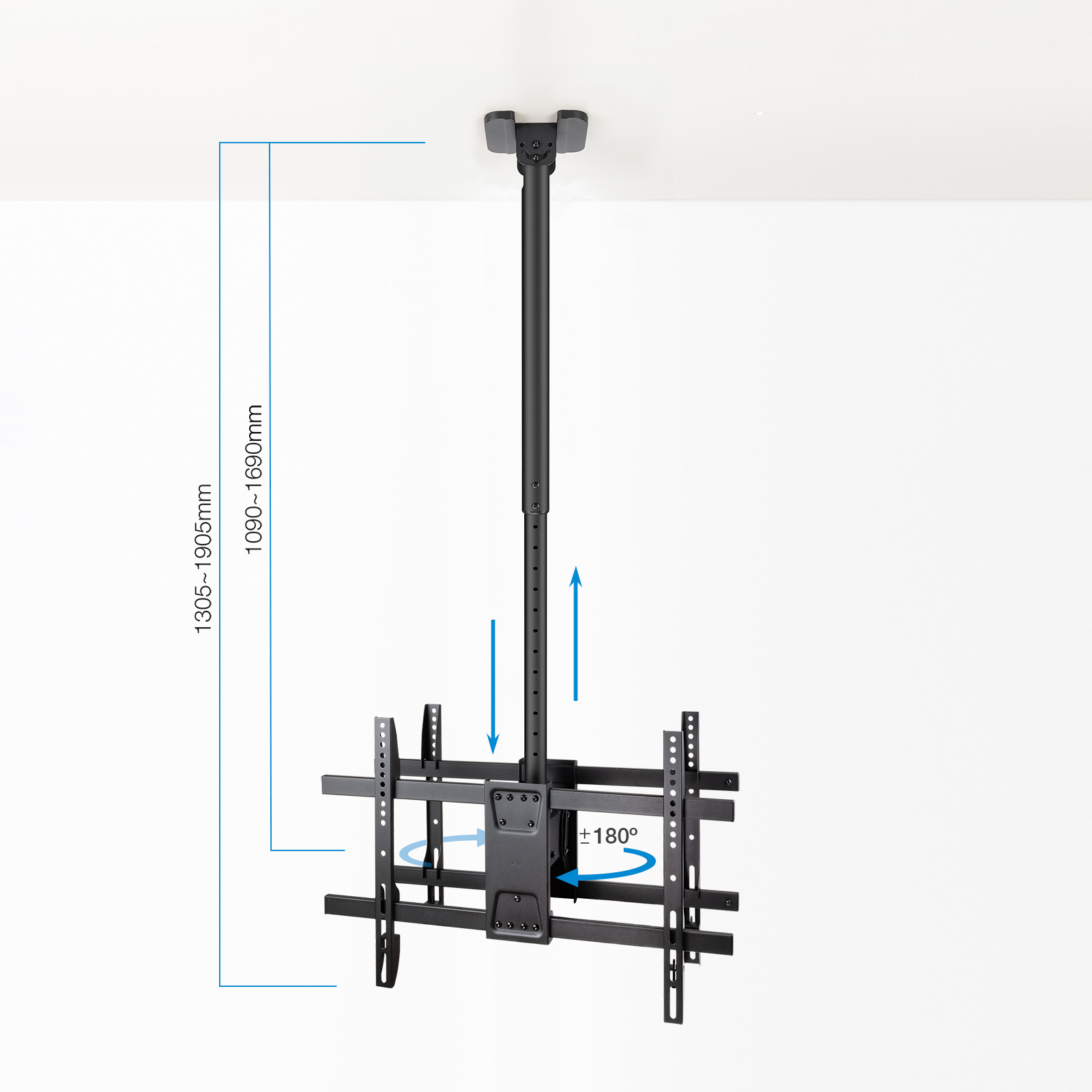 Soporte de TV negro colgado del techo. Tiene altura y rotación ajustables. Las medidas se indican en milímetros.