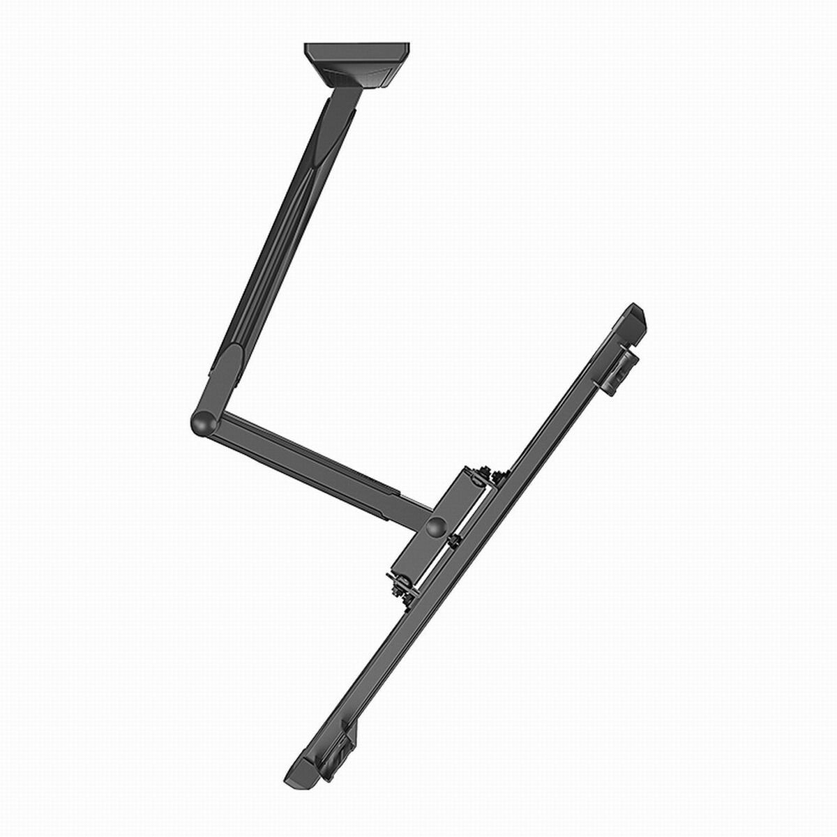 A black, articulated arm mount for a monitor. It has multiple joints and a ceiling mount. The background is white.