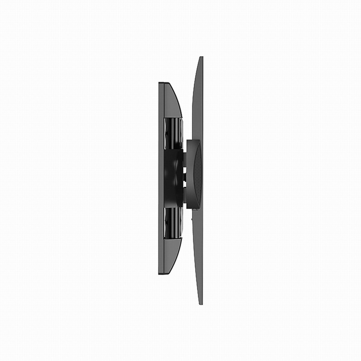 A black TV mount is seen from the side against a white background. The mount has adjustable arms and a circular speaker.