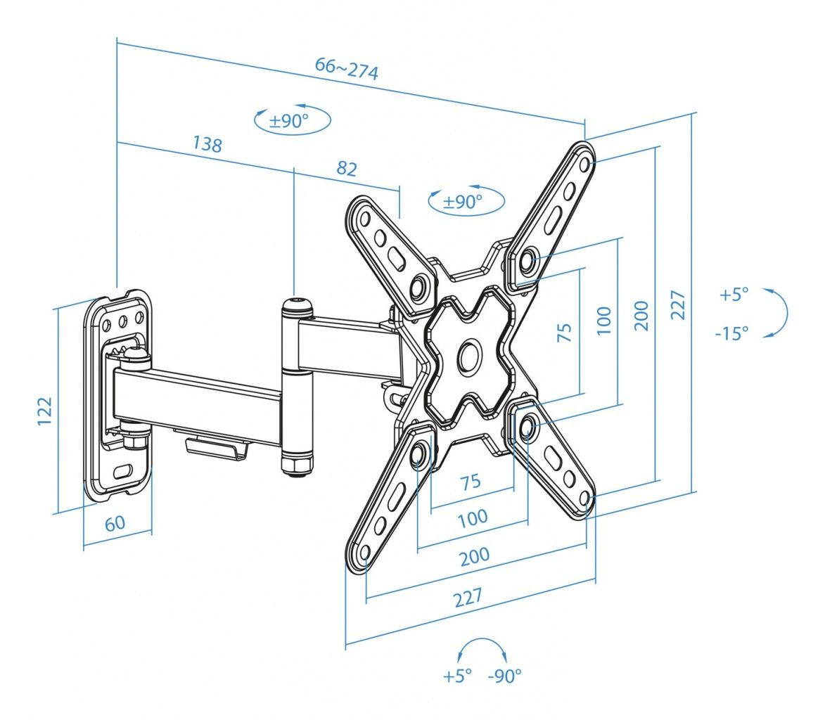 Diagramma di un supporto a parete per TV con dimensioni. Include piastra di montaggio, braccio e piastra VESA con misure in millimetri.