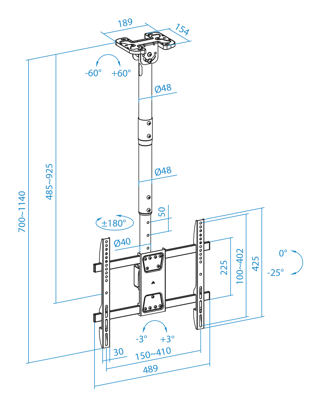 Diagrama de un soporte de TV de techo con dimensiones y ángulos etiquetados en azul. Incluye medidas como 189, 154, 48 y 425.