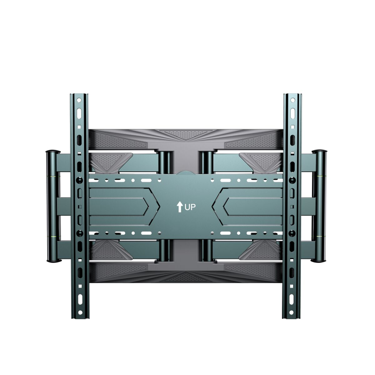 A wall mount bracket for a TV, teal in color, with the word 'UP' and an arrow. It has multiple screw holes and supporting arms.