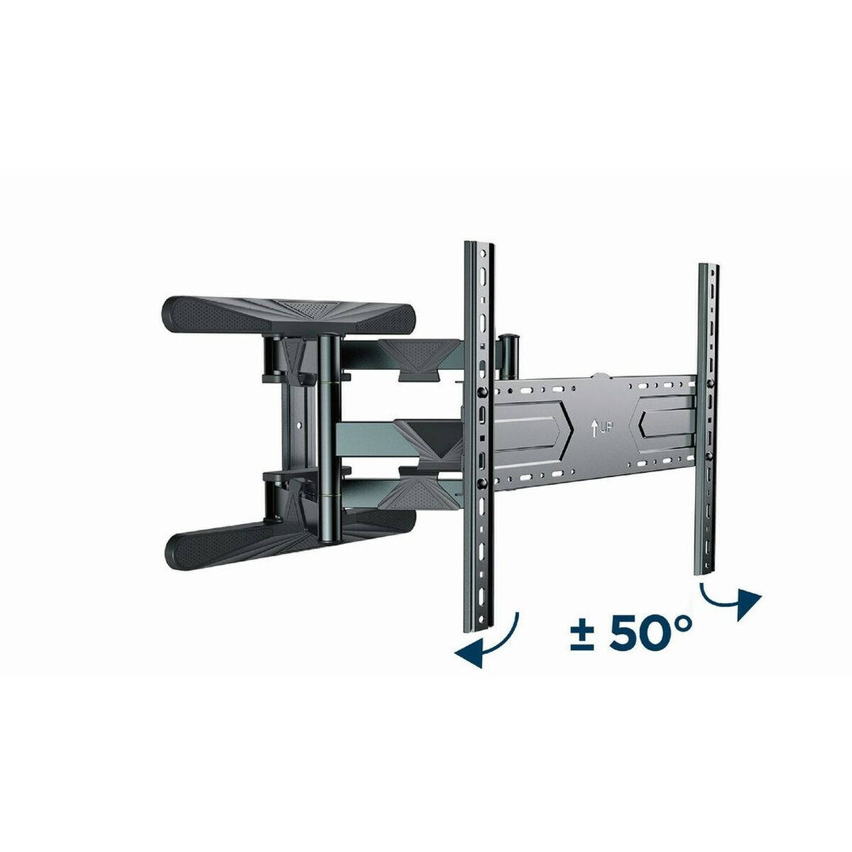 A black and gray TV wall mount. It has a swivel feature of ±50 degrees. Arrows indicate the movement range.