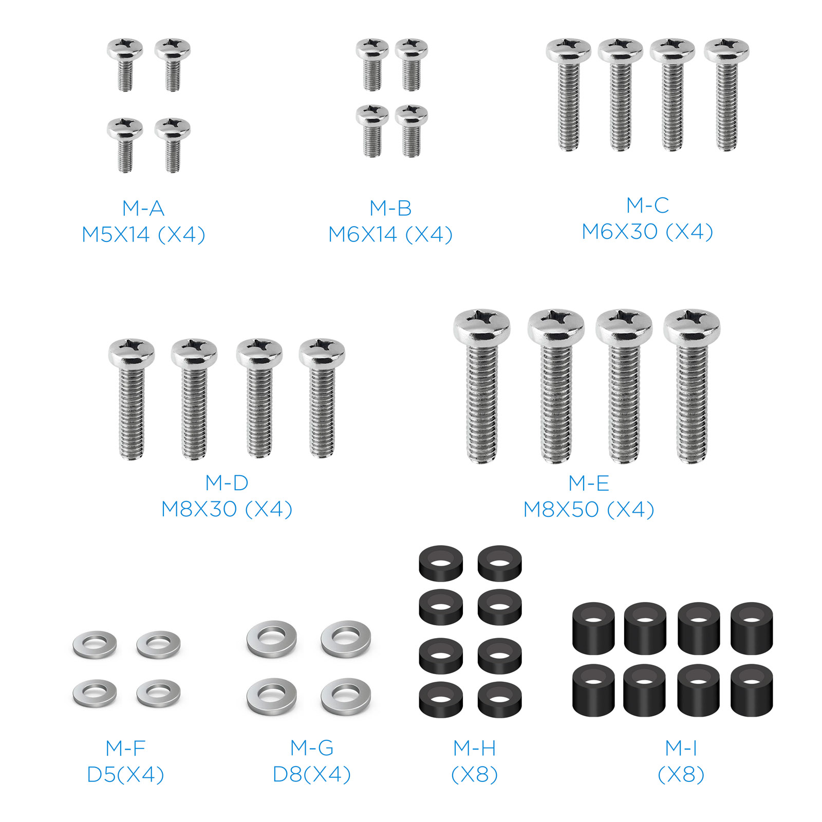 Una imagen muestra varios tornillos, arandelas y espaciadores, etiquetados con letras y dimensiones, dispuestos sobre un fondo blanco.
