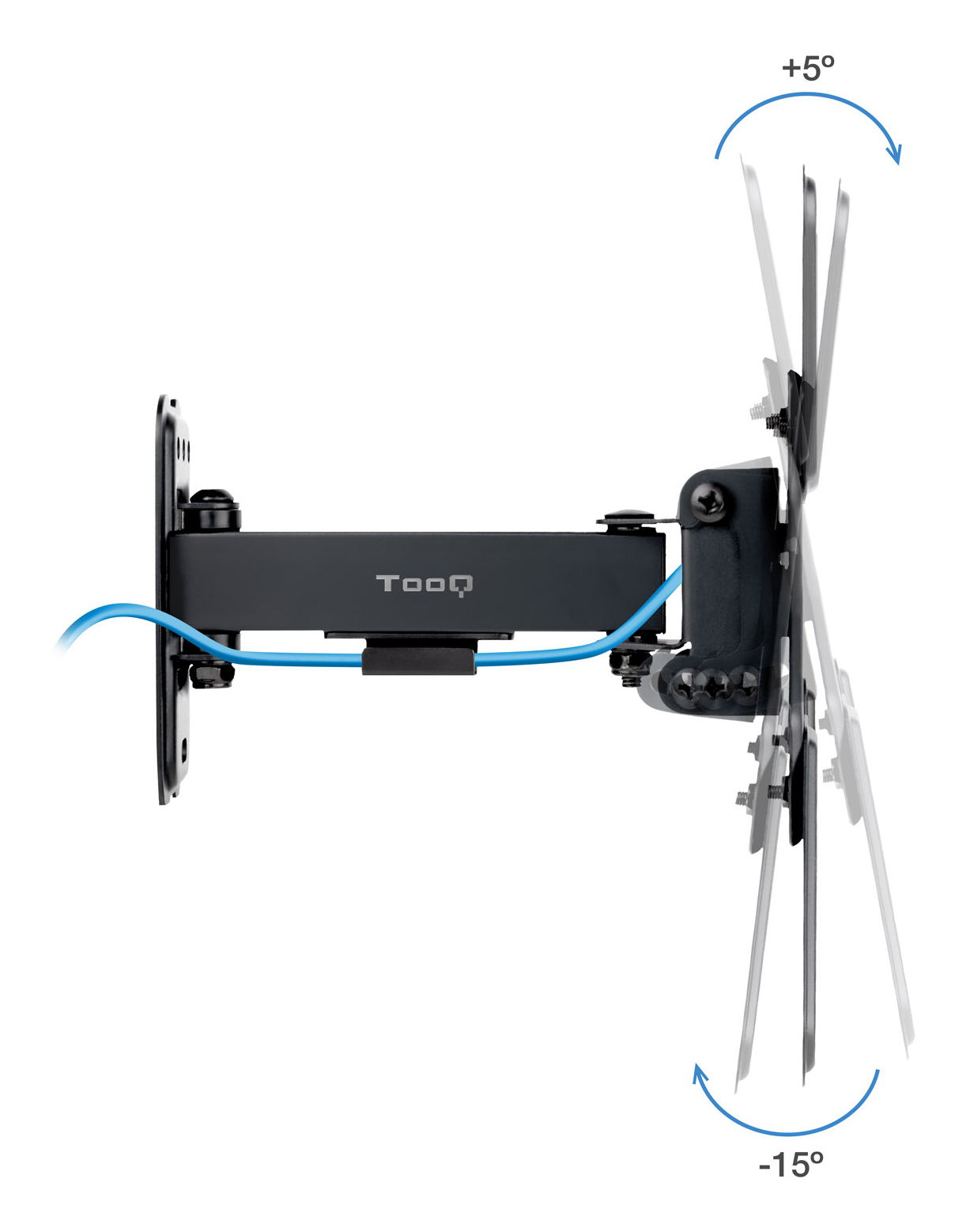 Un supporto a parete per TV nero con cavo blu. Ha una funzione girevole ed è mostrato con angoli di +5 e -15 gradi.