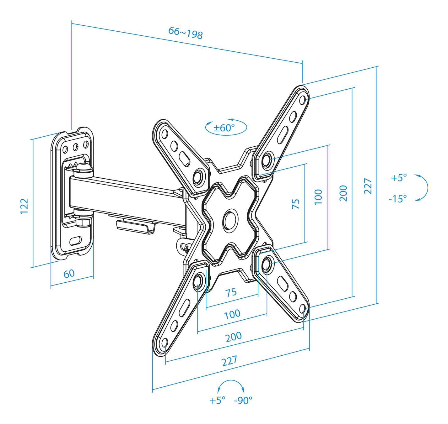 Diagramma di un supporto a parete per TV, con dimensioni e angoli. Include una piastra a muro, un braccio e un supporto VESA con misure.