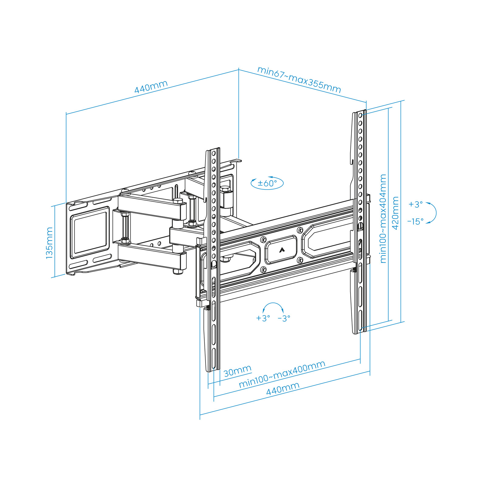 Diagrama de un soporte de pared para TV con dimensiones. Muestra las partes ajustables, ángulos y medidas en milímetros.