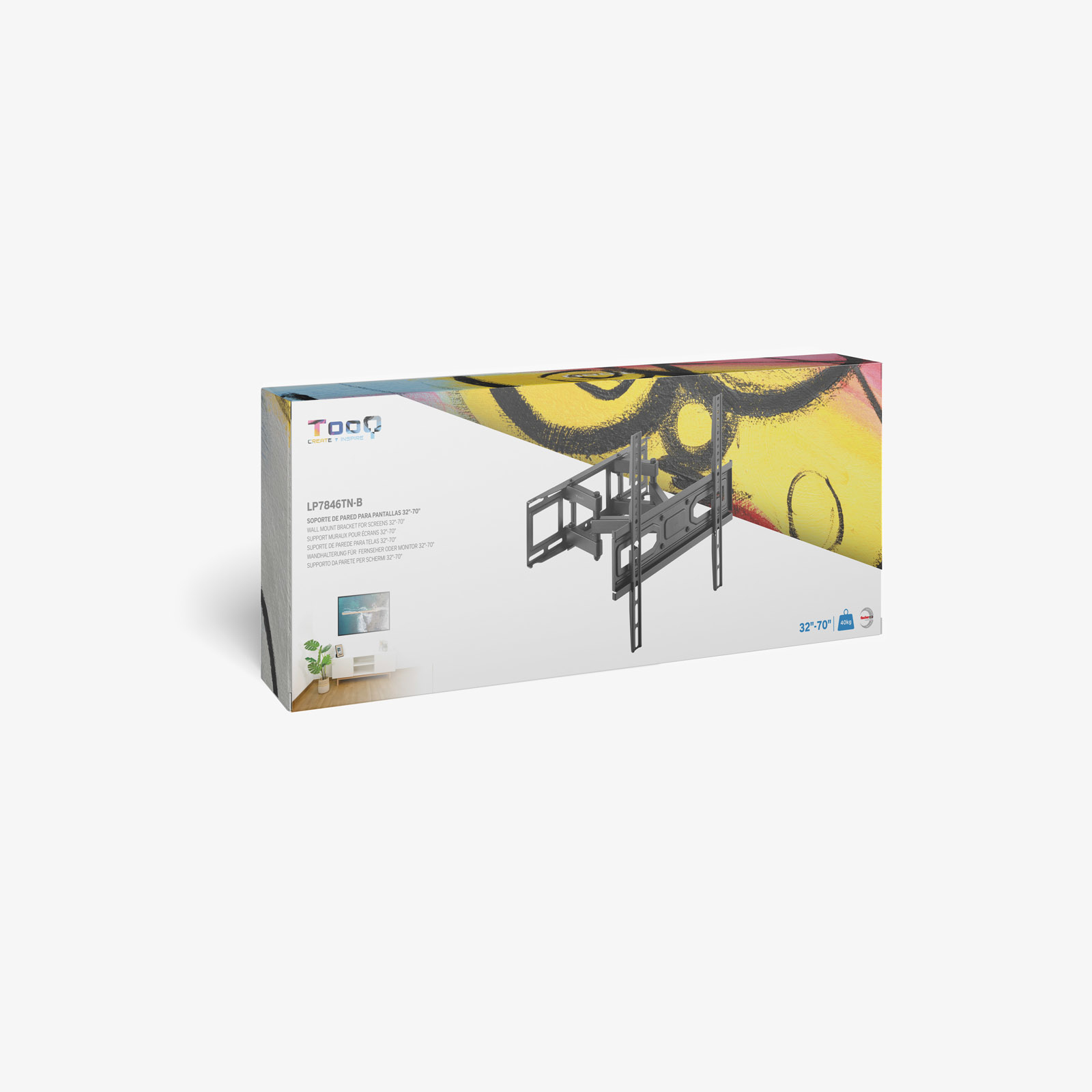Caja con soporte de pared para TV, soporte gris al frente. Arte de graffiti colorido arriba, fondo blanco.