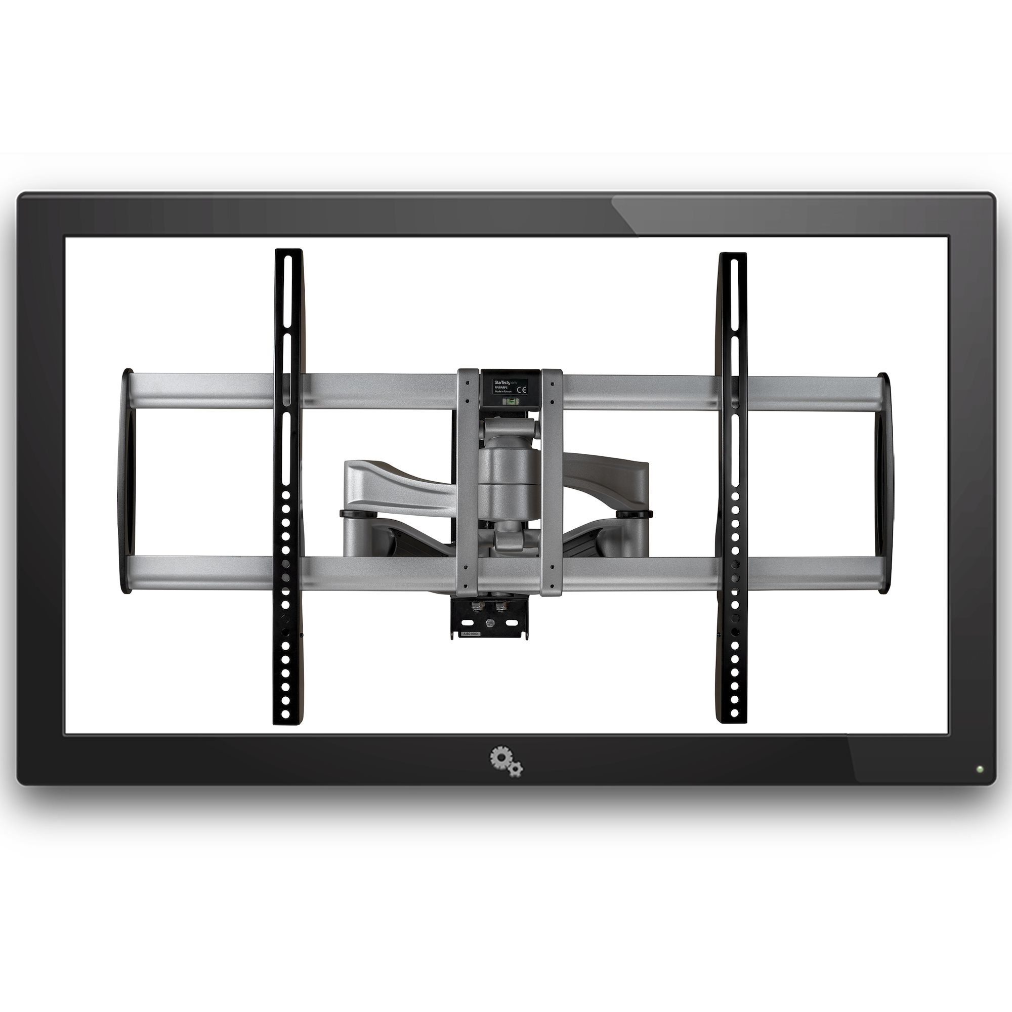 Eine TV-Wandhalterung wird vor einem weißen Hintergrund angezeigt. Sie ist schwarz mit silbernen Metallstützen und einem zentralen Drehmechanismus.