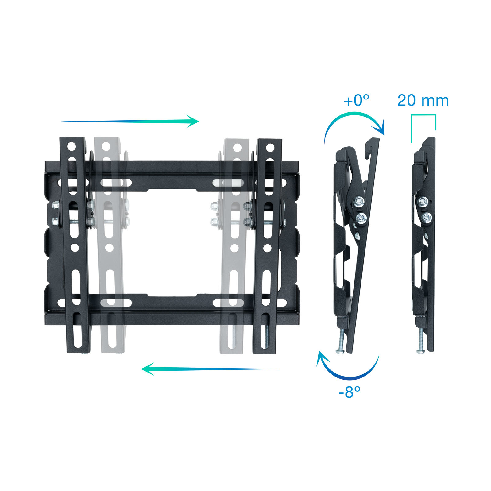 Soporte de pared negro para TV con indicadores de ajuste. Muestra movimiento horizontal y ángulos de inclinación. Incluye medidas.
