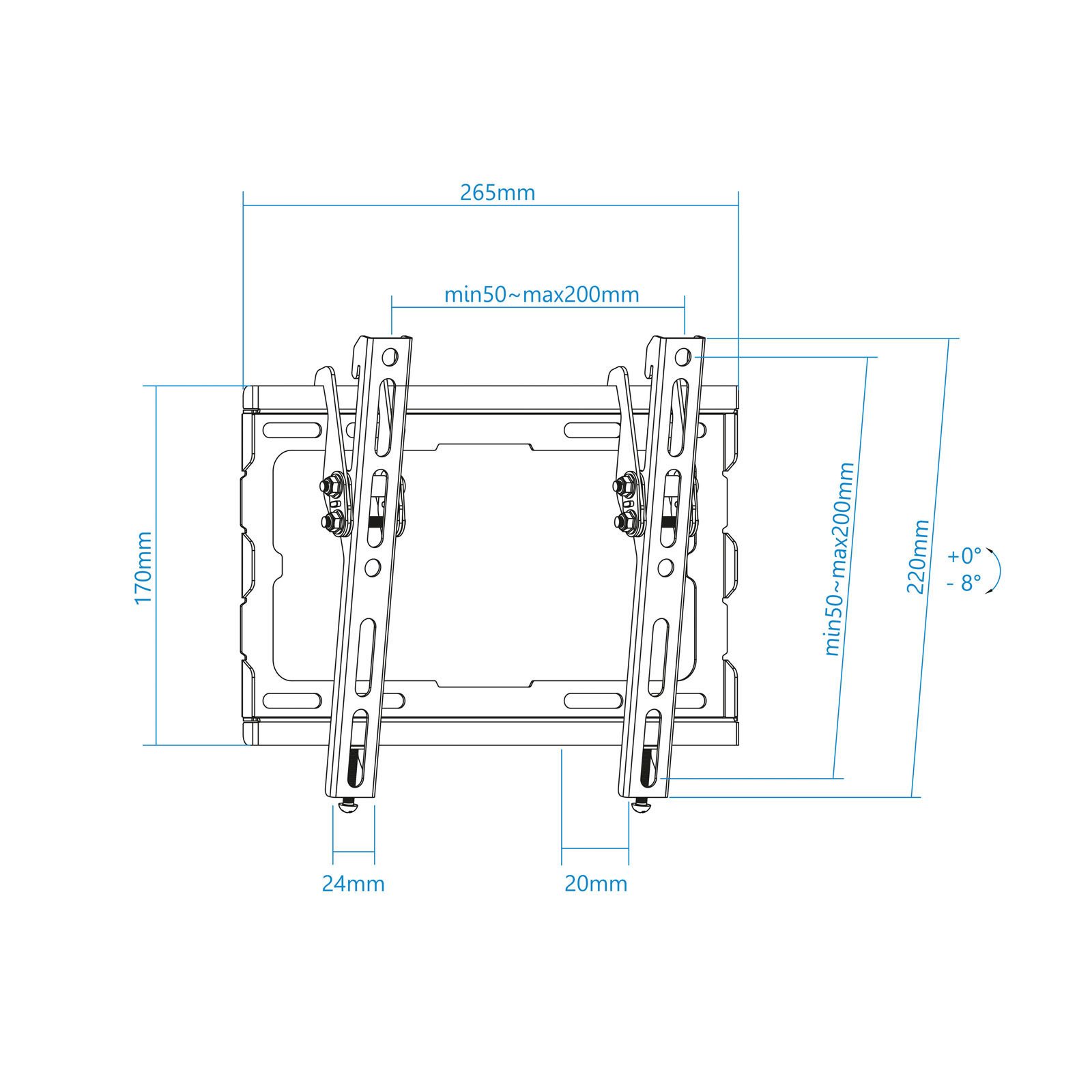 Dibujo técnico de un soporte de TV con dimensiones. Líneas azules indican tamaños: 265 mm, 170 mm, 220 mm y otras medidas.