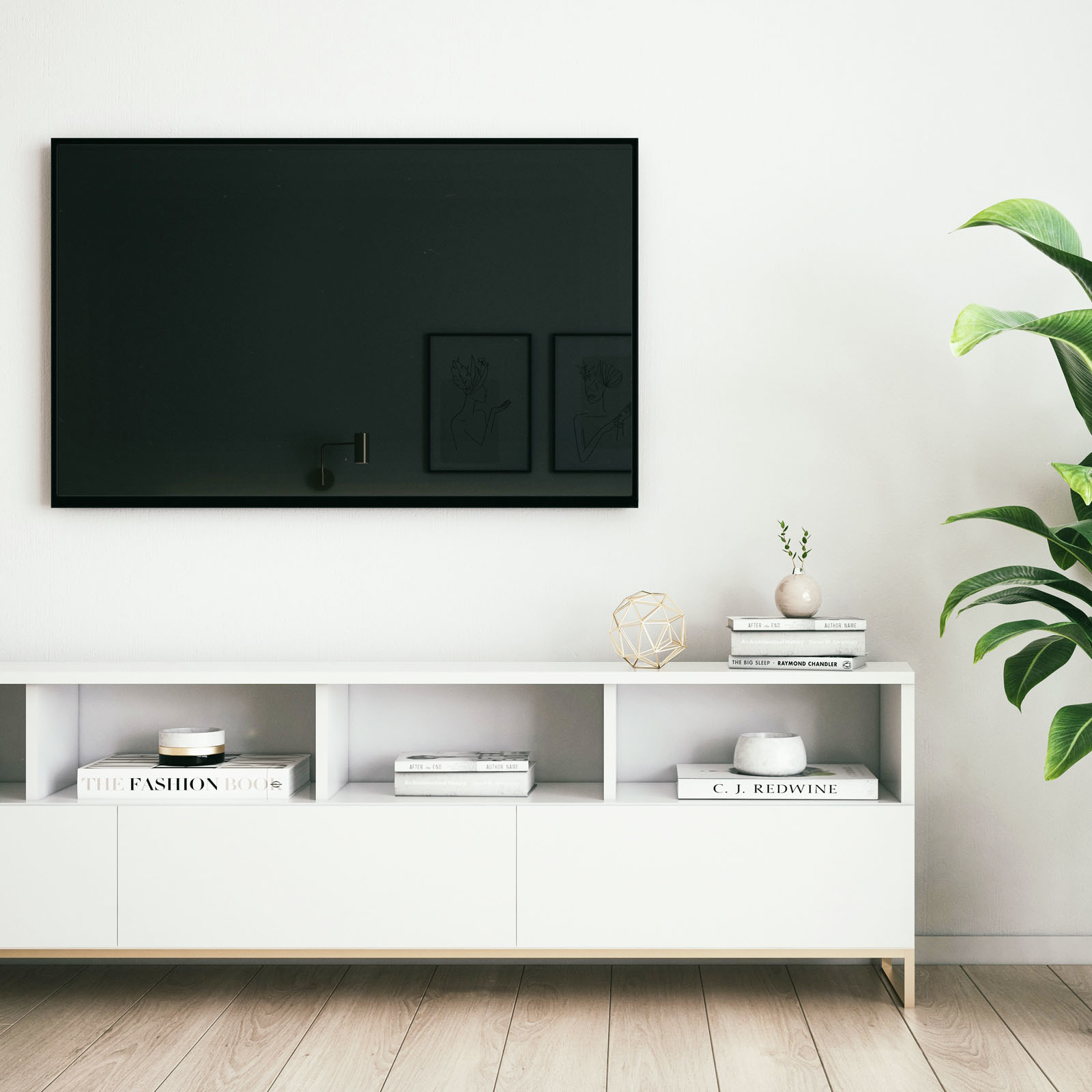 Una sala de estar moderna con un televisor grande, un gabinete blanco con libros y decoración, y una gran planta verde.