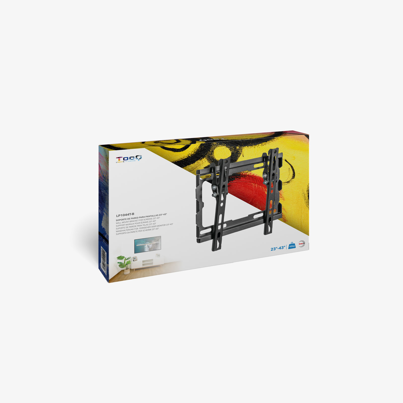 Soporte de pared para TV negro en caja. Incluye especificaciones en la caja. El fondo es amarillo y rojo.