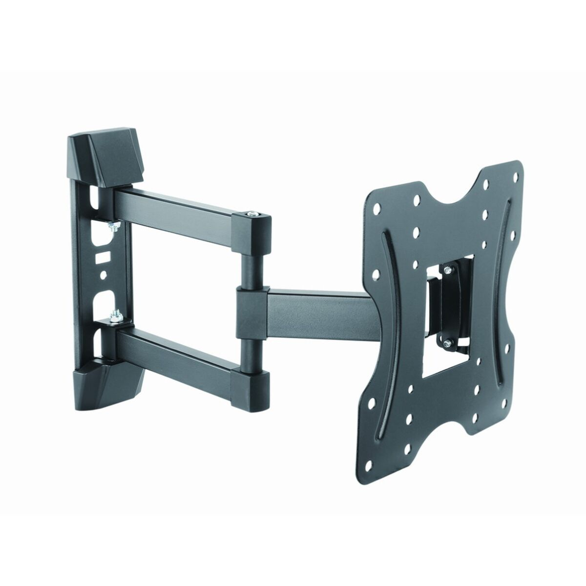 A black, articulated TV wall mount. It has multiple joints, screw holes, and a rectangular design for mounting TVs on a wall.