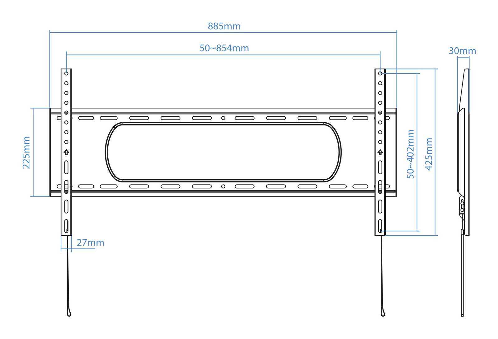 Diagramma tecnico di un supporto TV nero, con dimensioni in millimetri. Ha una forma rettangolare allungata con due supporti verticali.