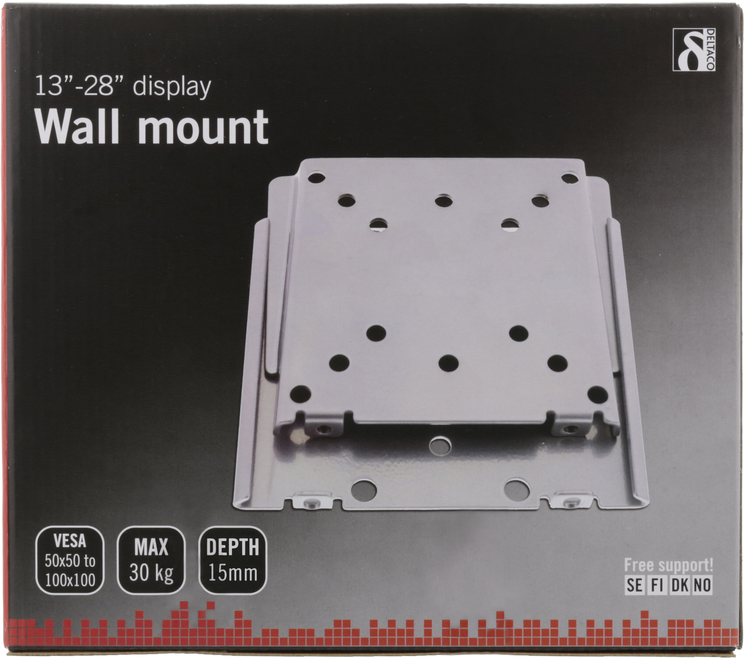Scatola con supporto a parete in metallo per display 13"-28". Con fori di montaggio e specifiche: VESA, peso max e profondità.
