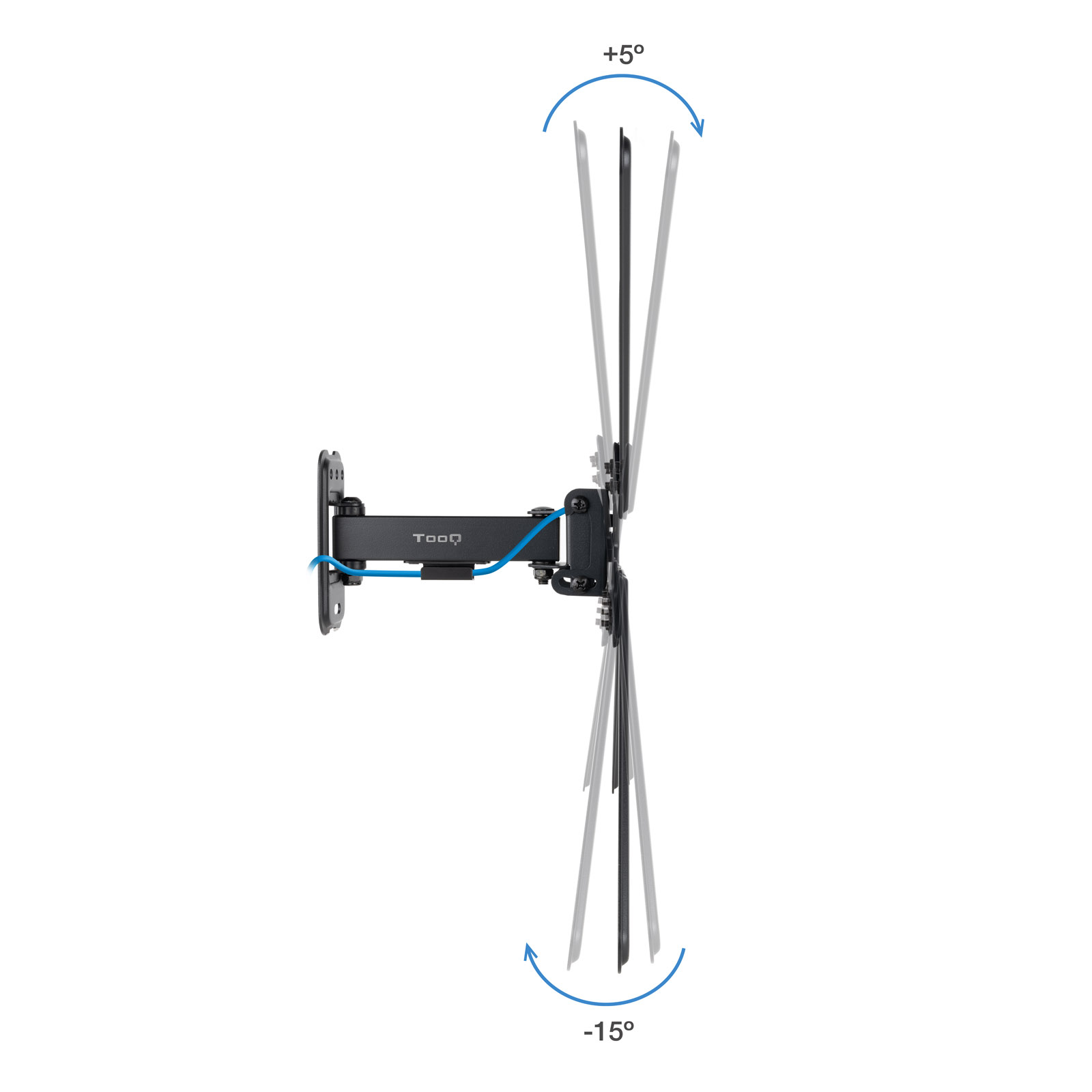Soporte de pared negro para TV con cable azul. Inclinable +5 y -15 grados. Marca: TooQ.