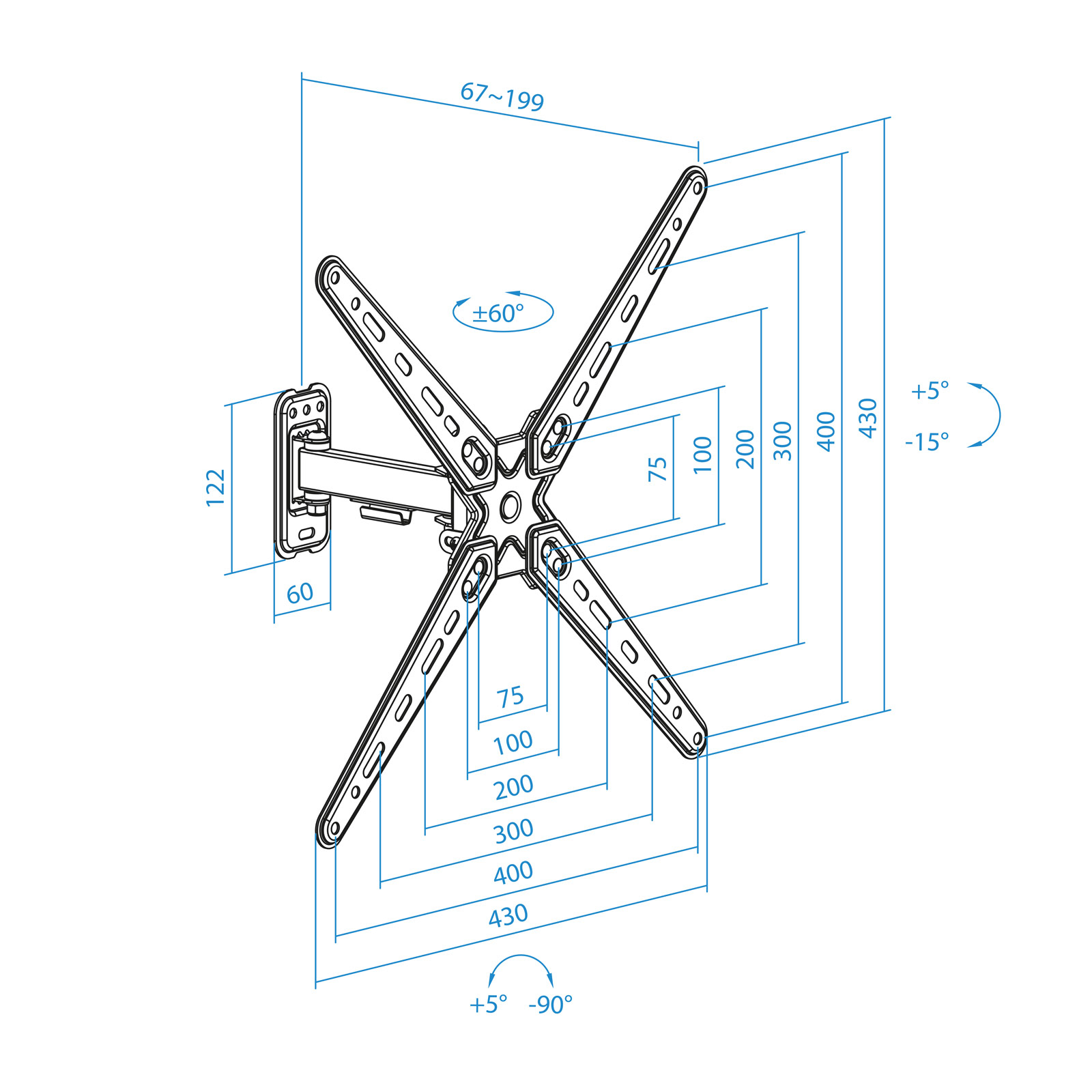 Diagrama técnico de un soporte de pared para TV. Muestra medidas, ángulos y el diseño del soporte con líneas azules.