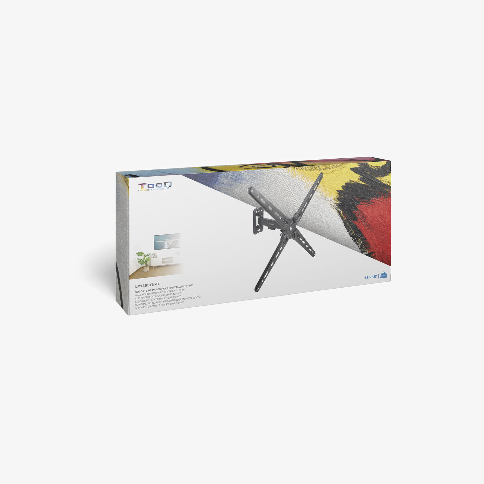 Caja con un soporte de TV, arte abstracto colorido y detalles del producto sobre fondo blanco.
