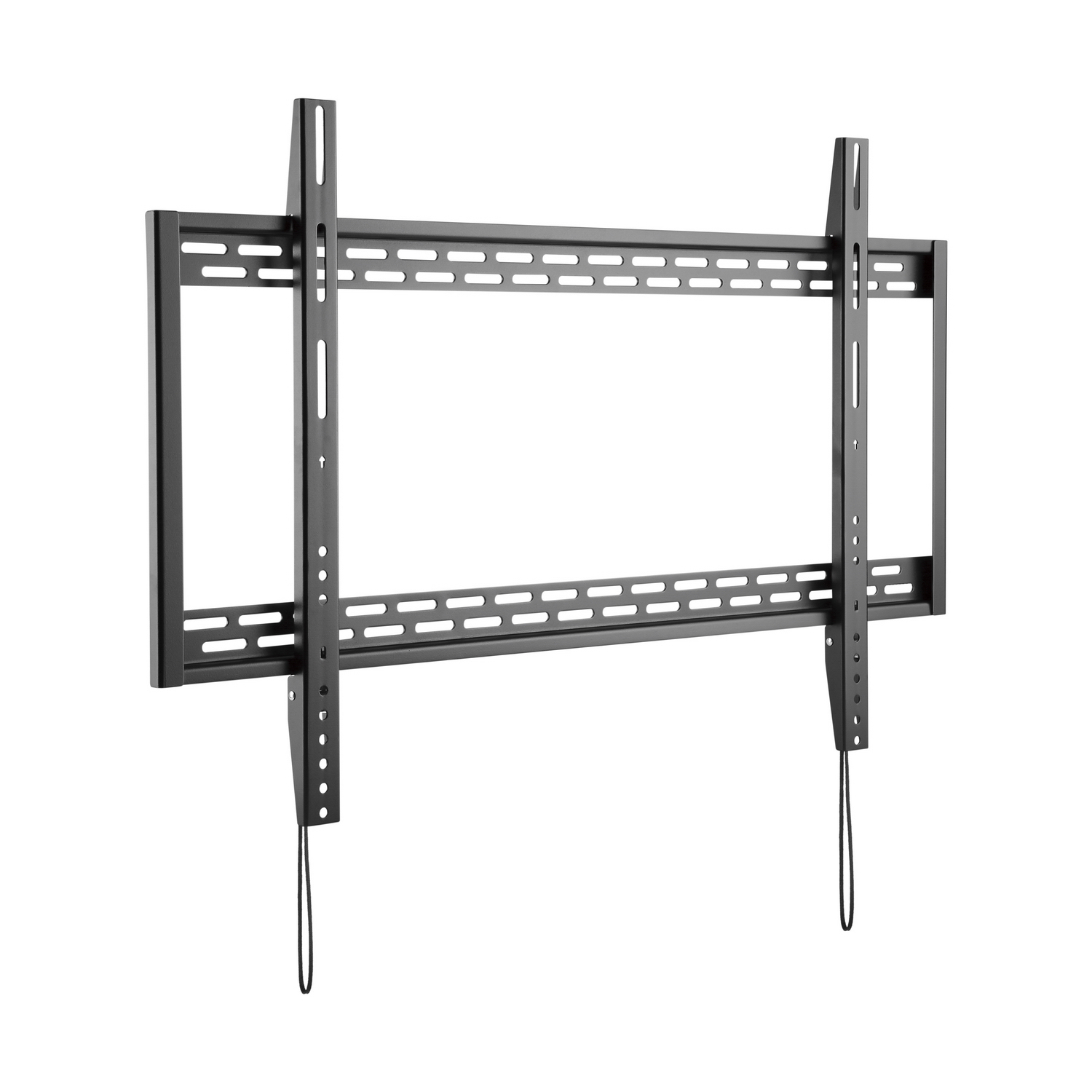 Un soporte de pared negro y rectangular para TV con rieles ranurados y soportes verticales. Cuerdas negras cuelgan desde abajo.